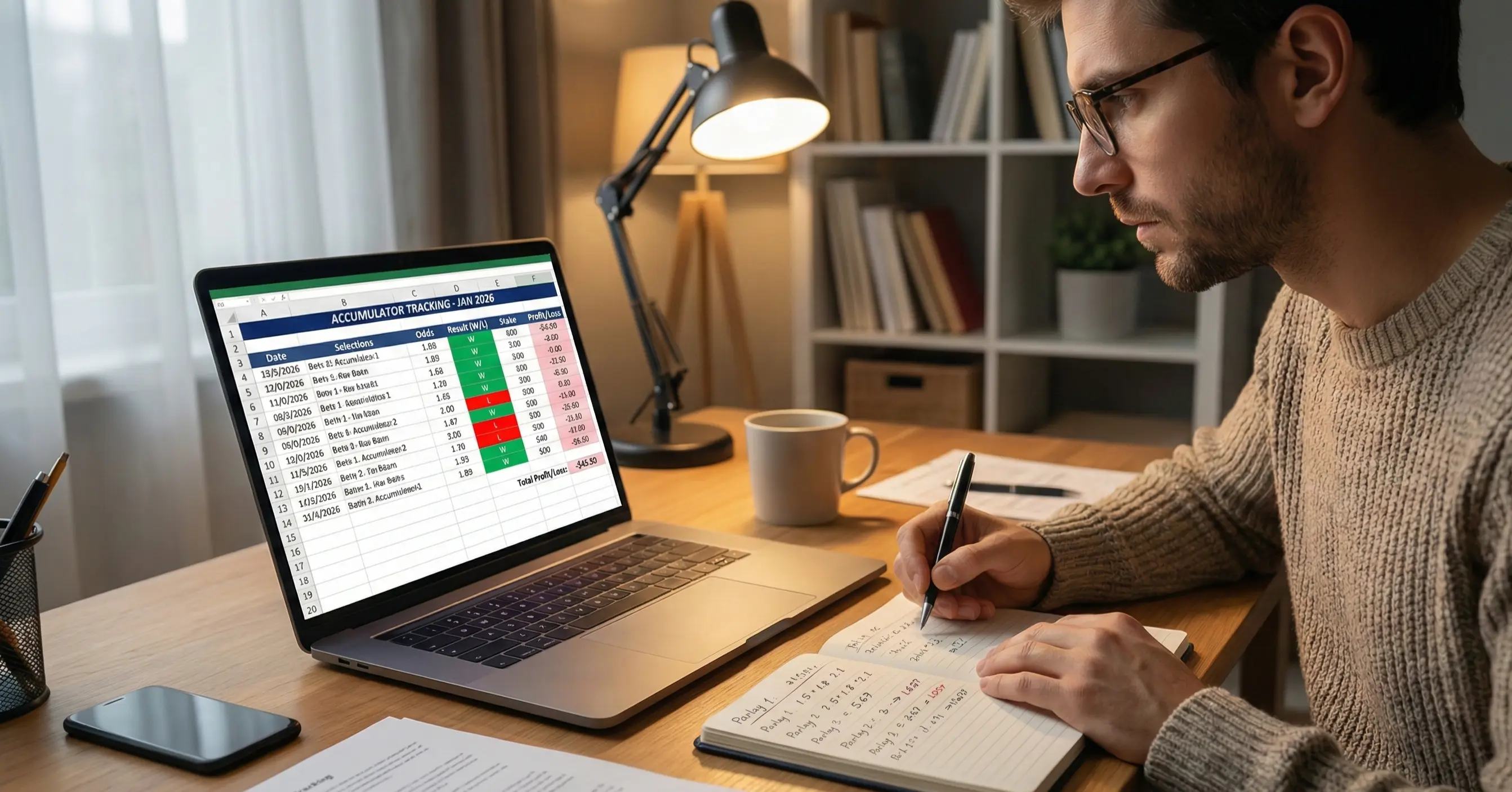 Person tracking accumulator betting results and leg performance in spreadsheet