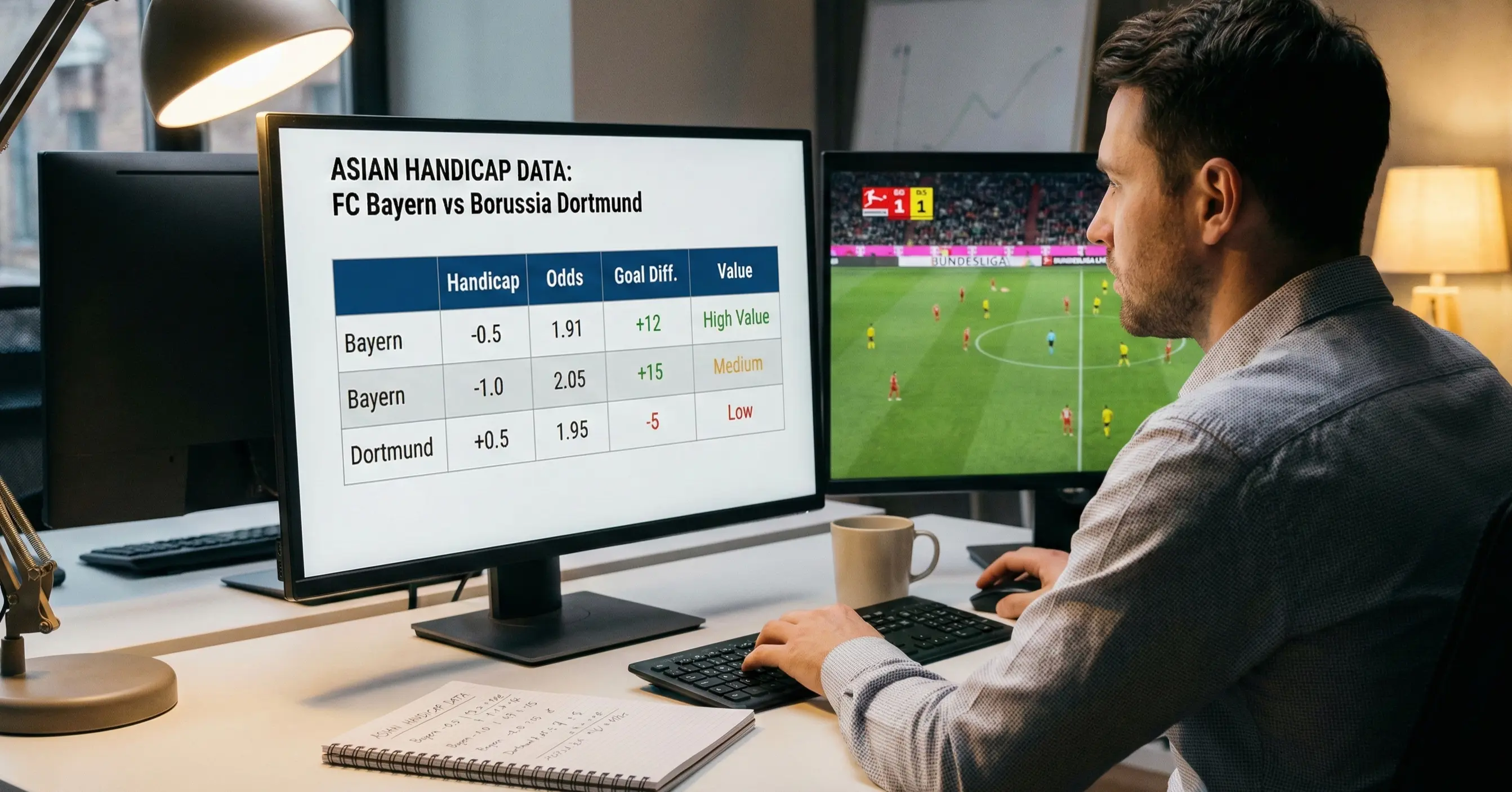 Football analyst studying match statistics and handicap lines on computer screen