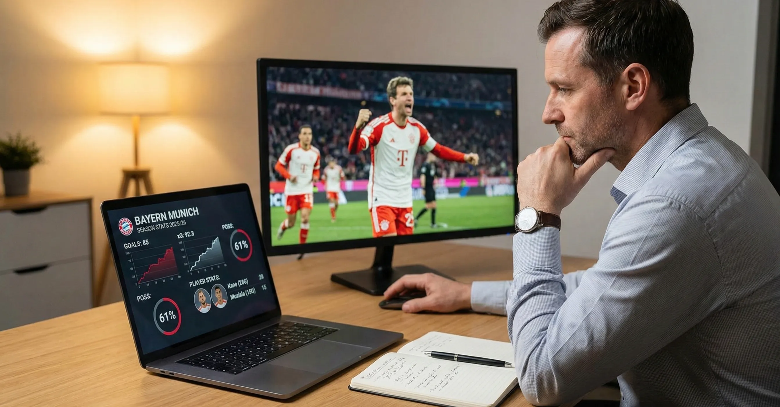 Football analyst reviewing performance data on laptop with match footage
