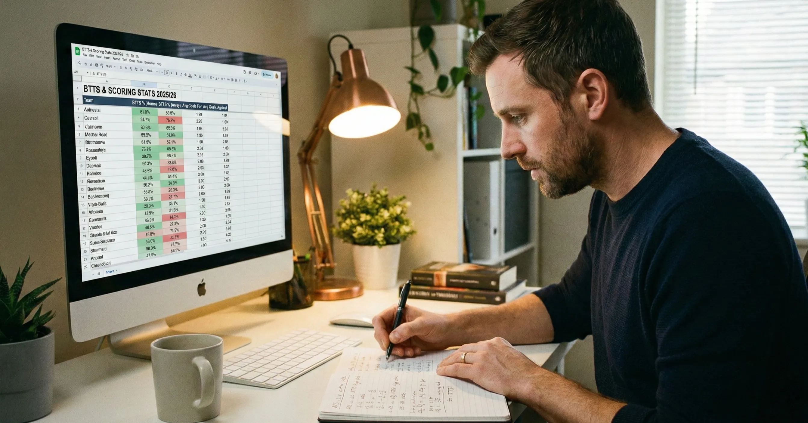 Person tracking BTTS statistics and team scoring patterns on spreadsheet