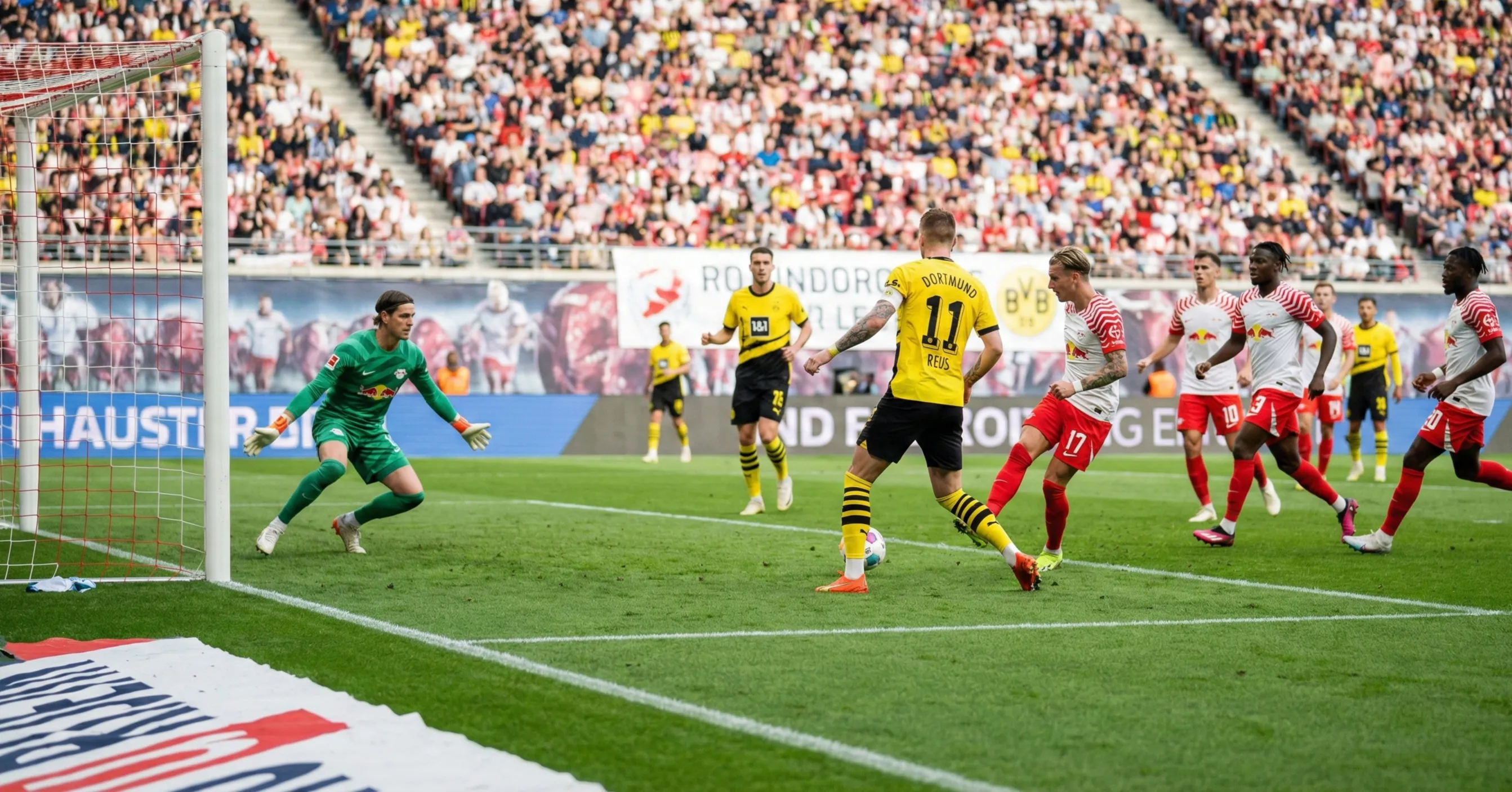 Two attacking Bundesliga teams competing in open high-scoring match on grass pitch