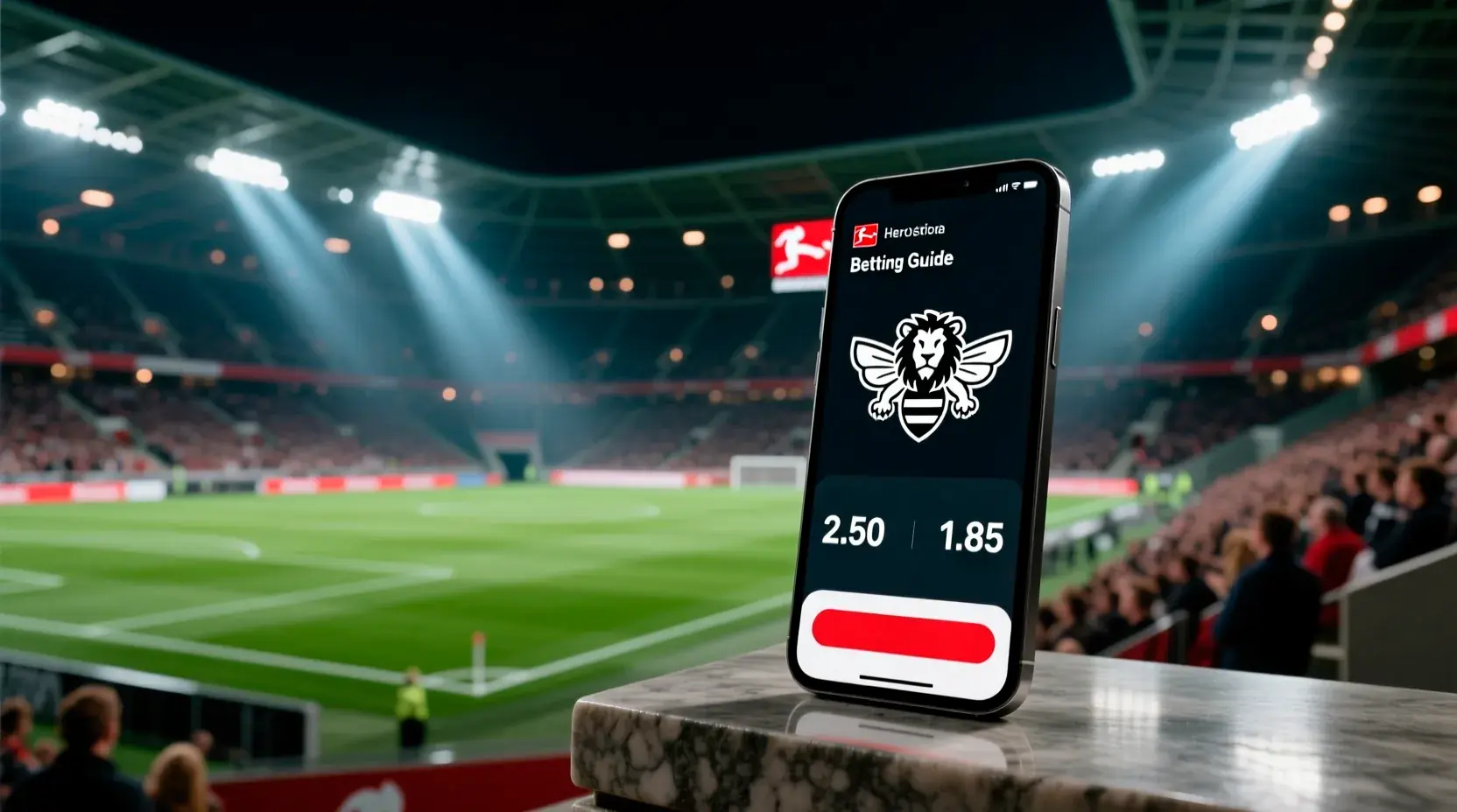 Bundesliga betting guide showing stadium with smartphone displaying betting app interface
