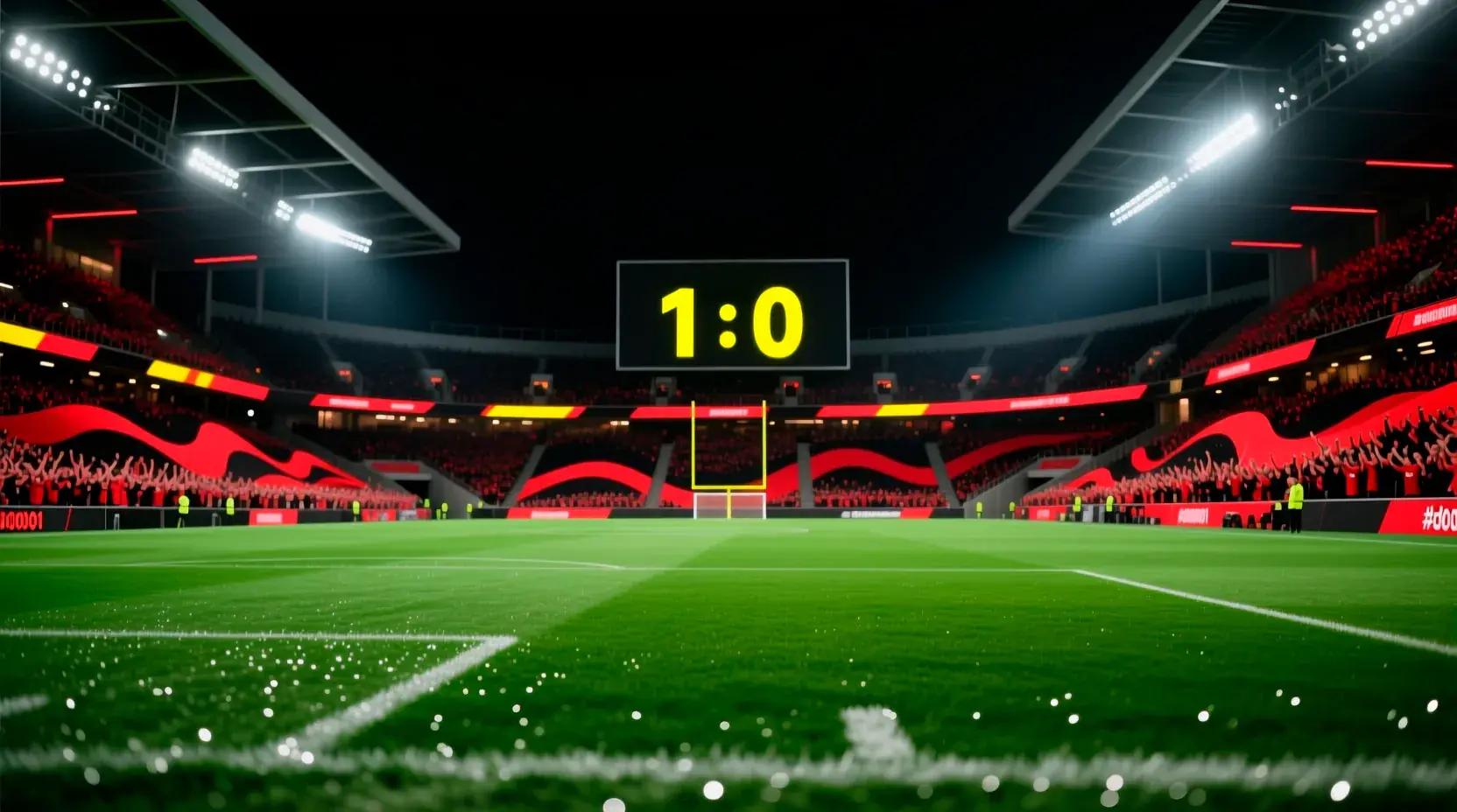 Dynamic Bundesliga stadium atmosphere during match day with red and black branding, excited fans, and betting odds display board showing live statistics