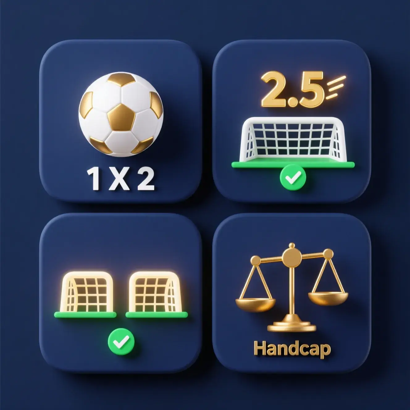 Comprehensive betting markets guide showing match result odds, over-under goals totals, both teams to score options, and Asian handicap illustrations