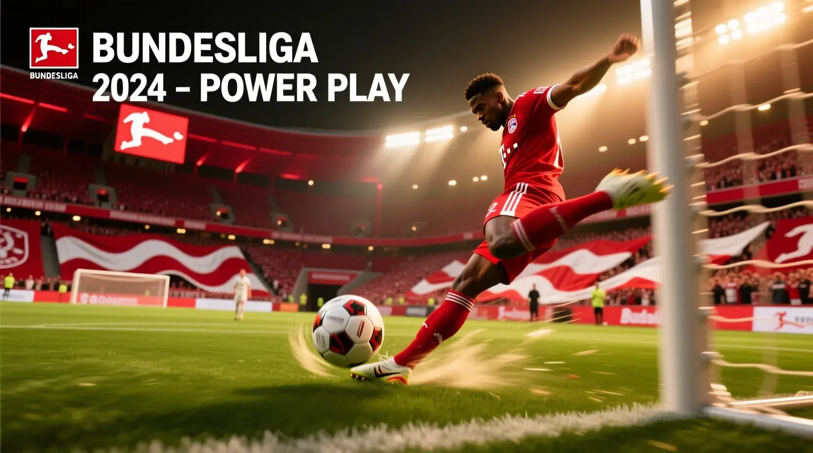Bundesliga football action with players competing in a packed stadium under dramatic floodlights showing intense match dynamics