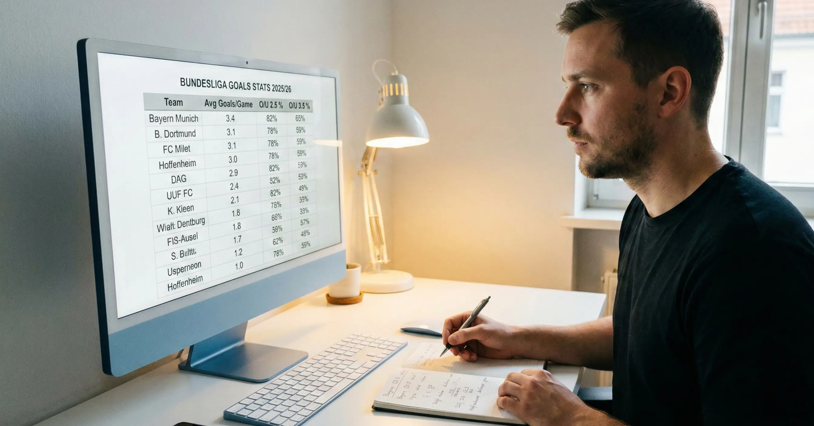 Person analyzing Bundesliga goal statistics and team scoring averages on computer