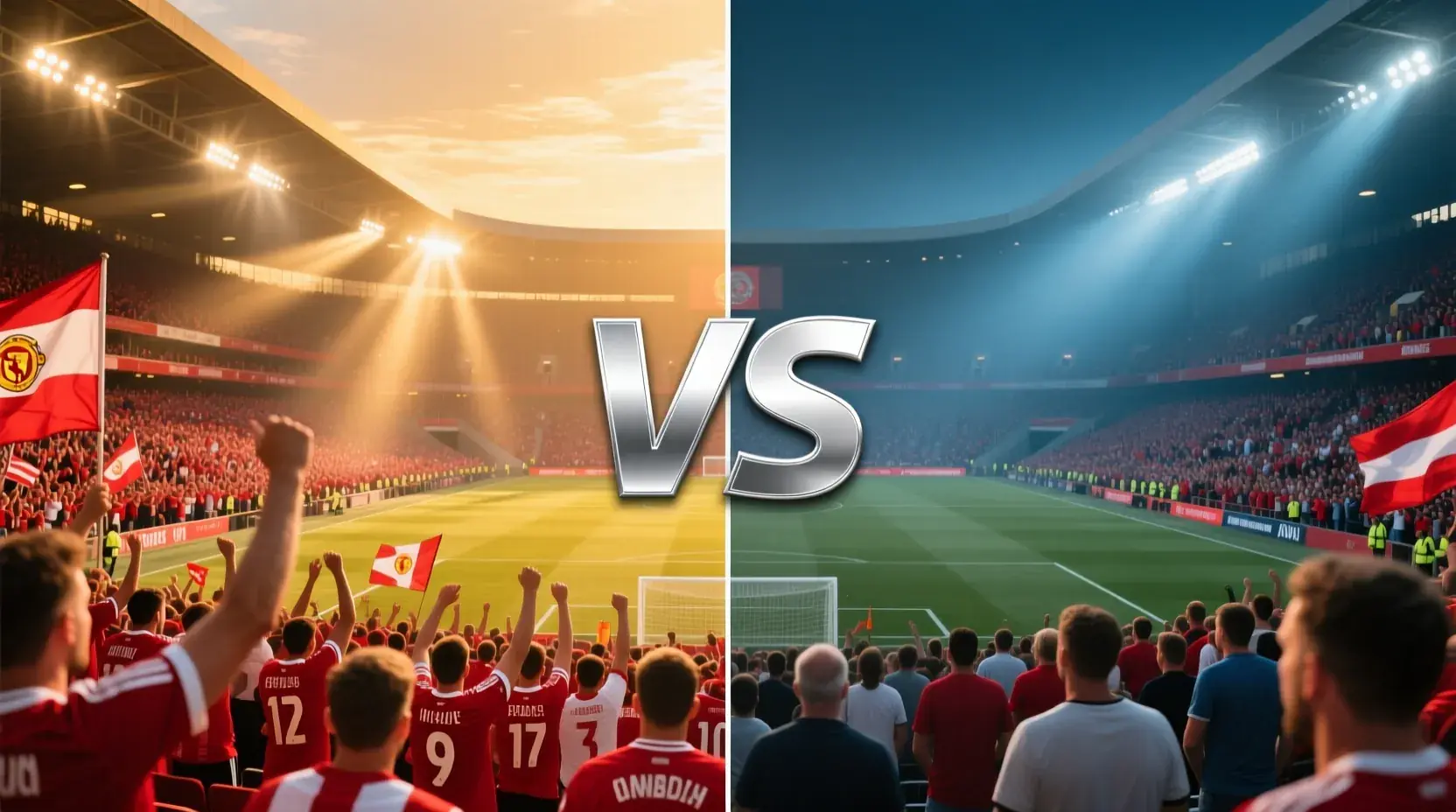 Split comparison image showing vibrant home stadium atmosphere versus away section perspective highlighting psychological differences in match environments