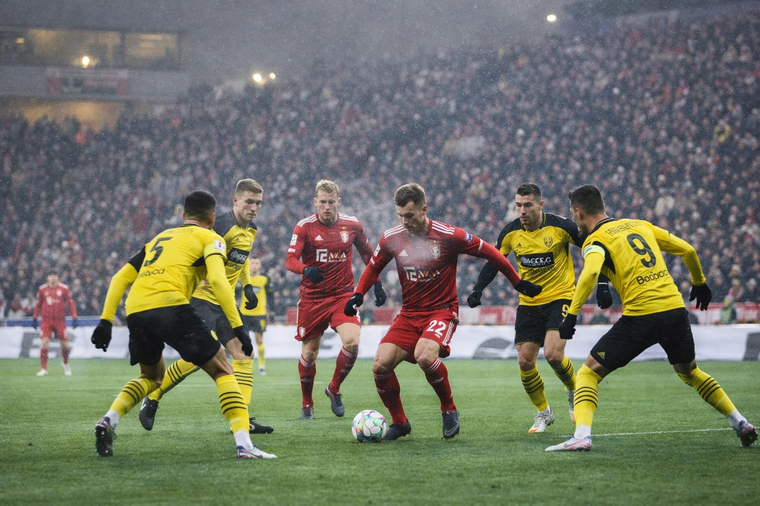 Bundesliga football match being played in cold January weather conditions with visible player breath and winter atmosphere
