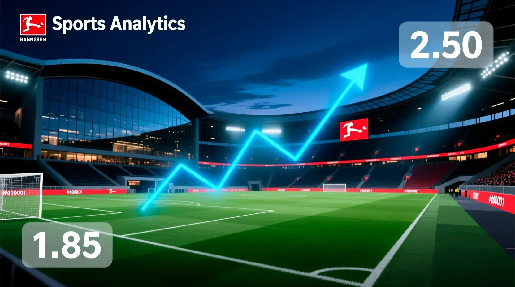 Bundesliga betting odds analysis with stadium background and data visualization elements