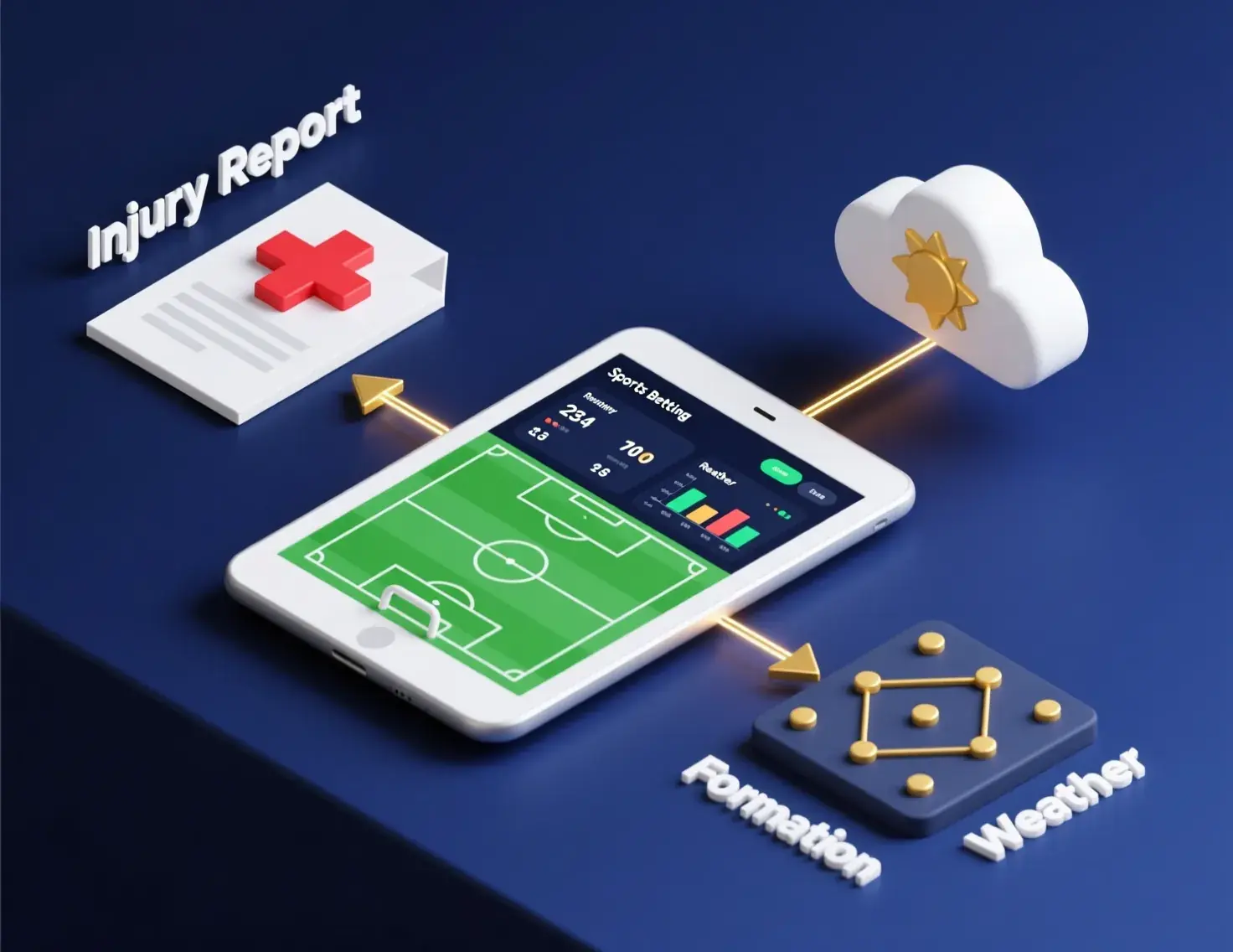 Comprehensive betting research framework infographic showing laptop with football statistics surrounded by injury reports, weather data, tactical formations, and match schedules