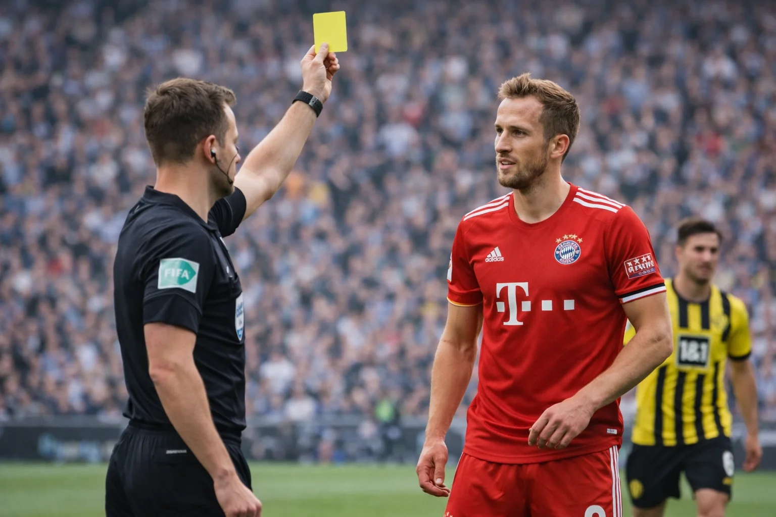 Football referee showing yellow card to player during intense Bundesliga match