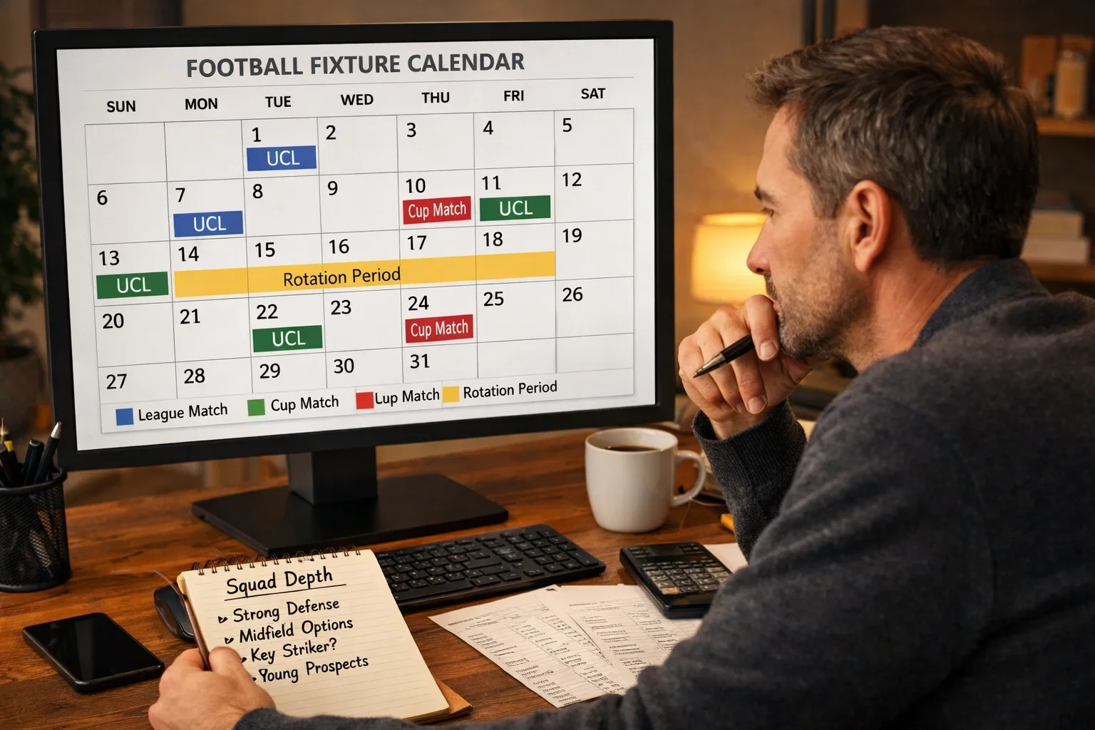 Person analyzing football fixture schedule and team rotation patterns on computer