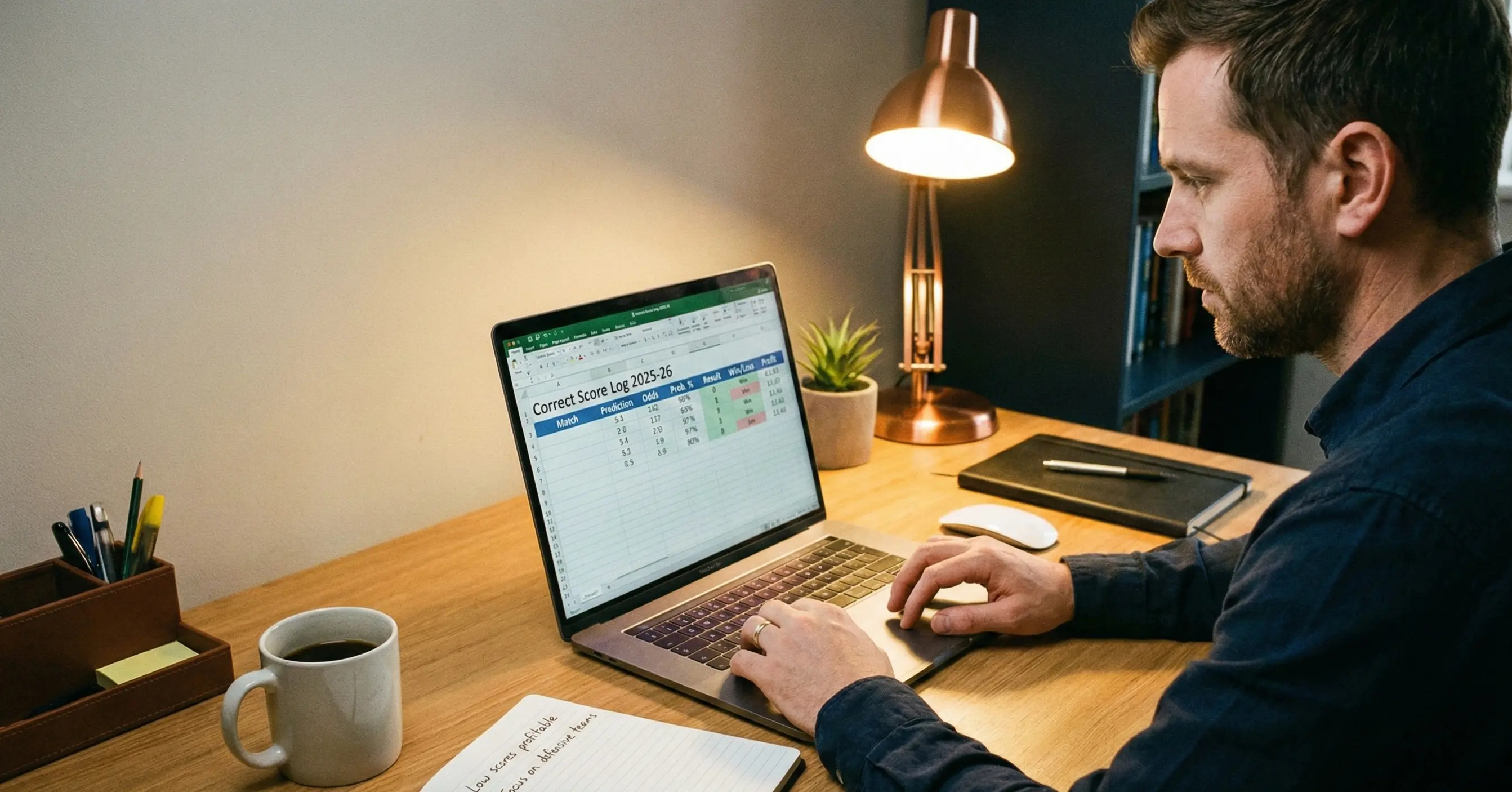 Person tracking correct score betting results in detailed spreadsheet on laptop