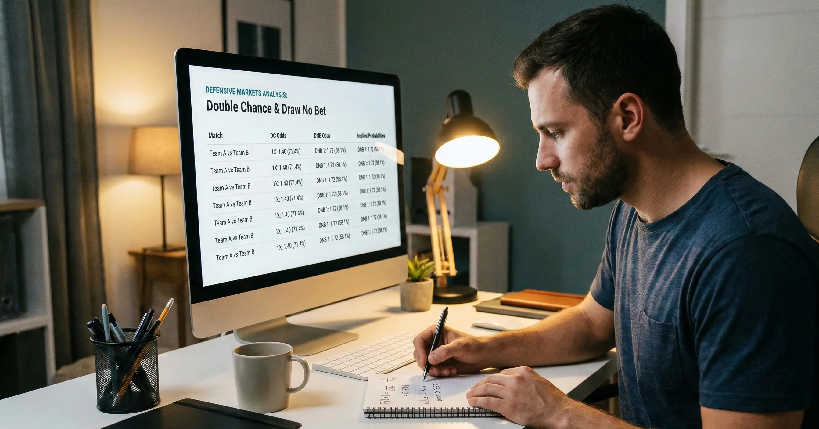 Person analyzing probability calculations for defensive betting markets on screen