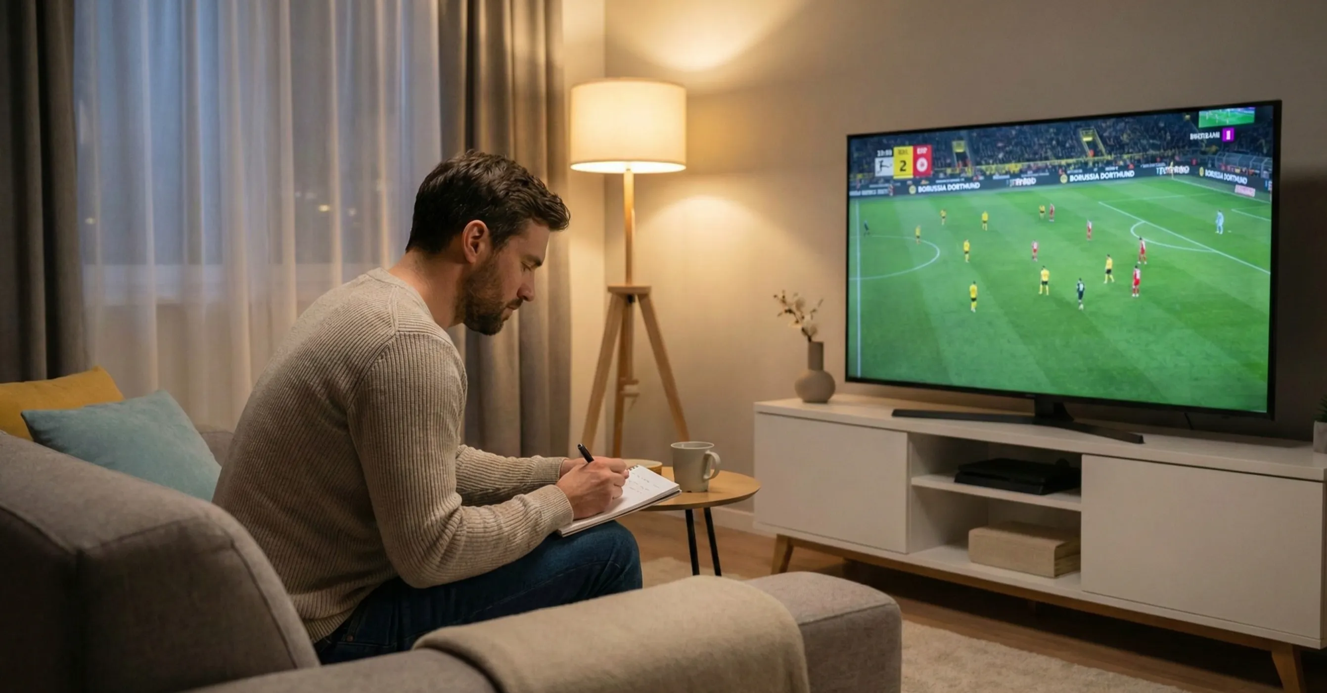 Person watching football match on television while taking notes in notebook, cozy home setting