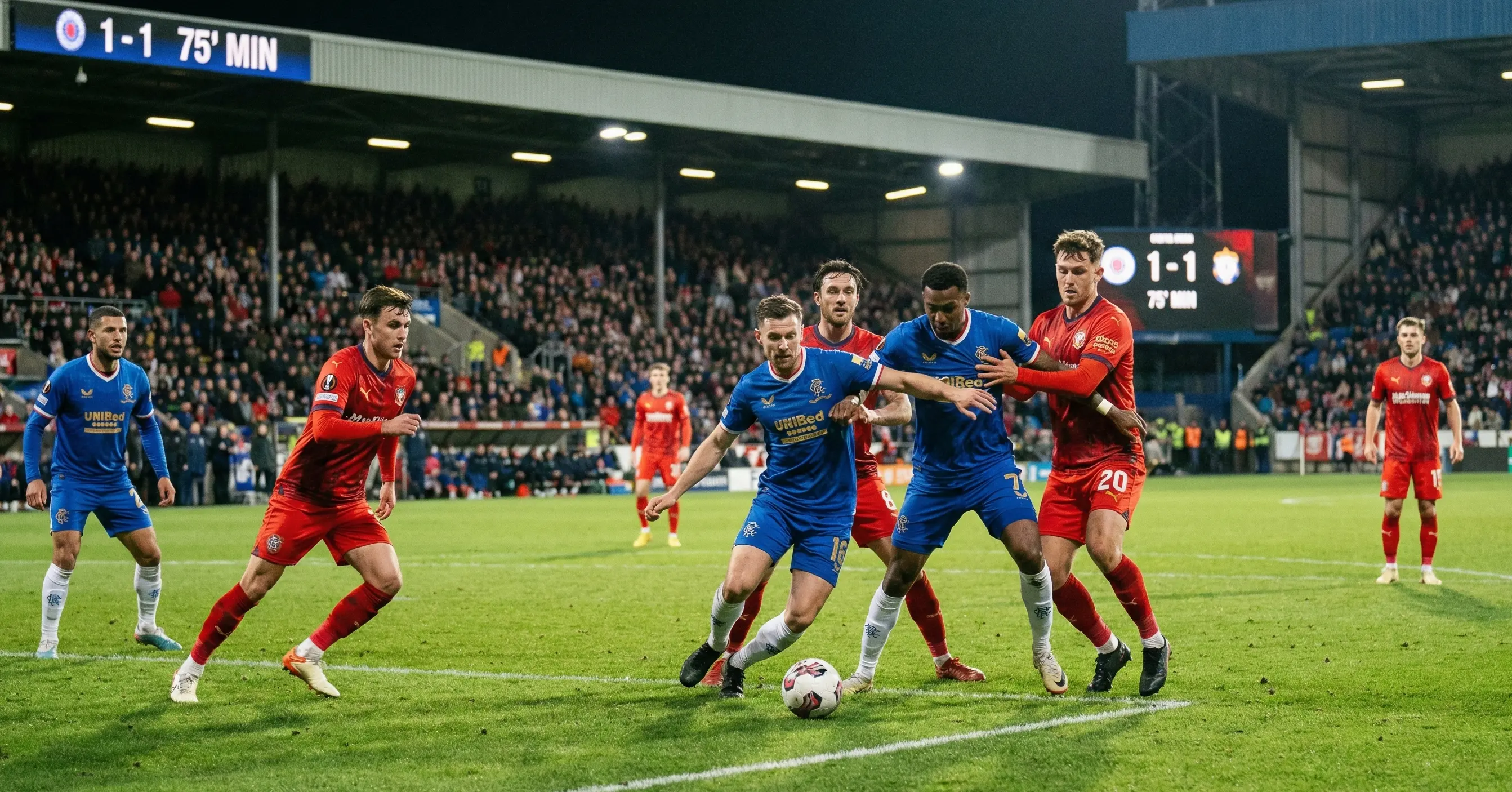 Competitive football match with balanced play and uncertain outcome