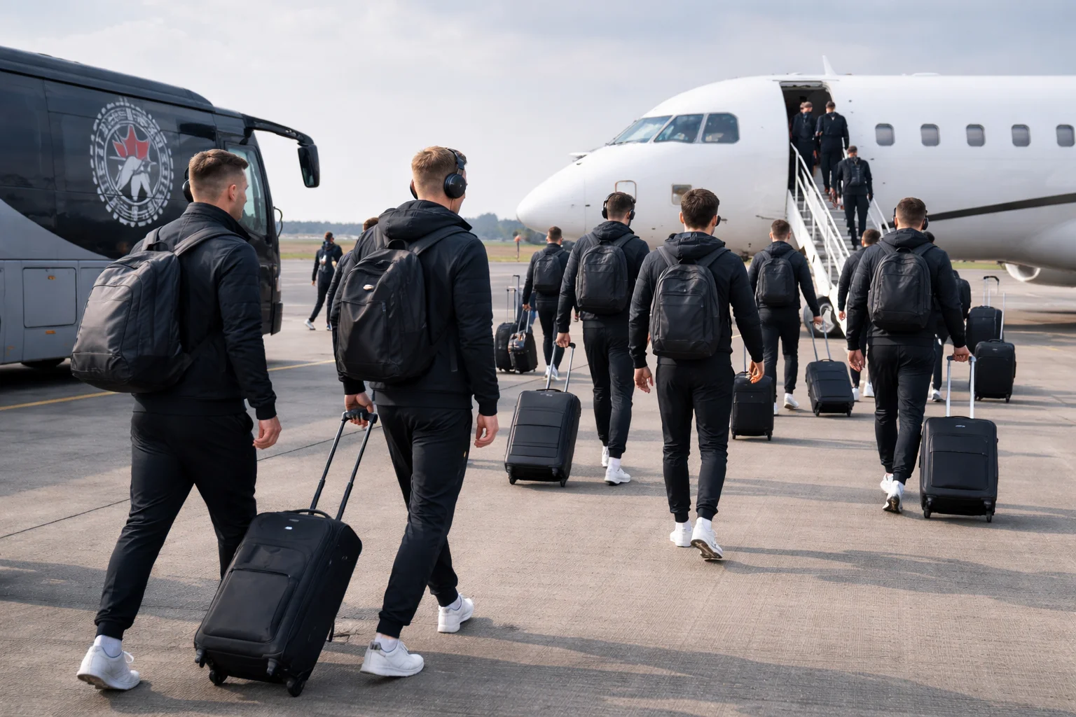 Football team boarding airplane for European away fixture travel