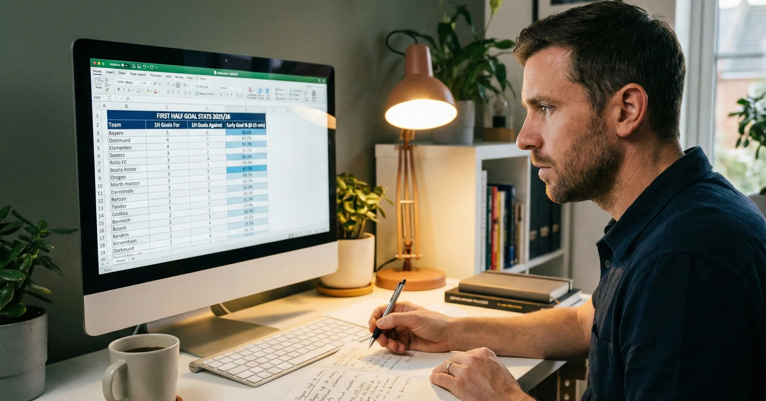 Person researching team first-half statistics and early goal patterns on computer