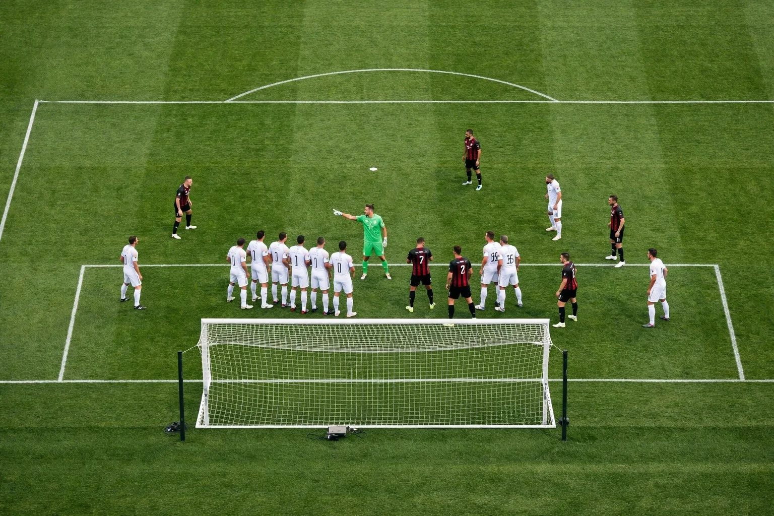 Aerial view of defensive players organizing their formation during a corner kick at a football match