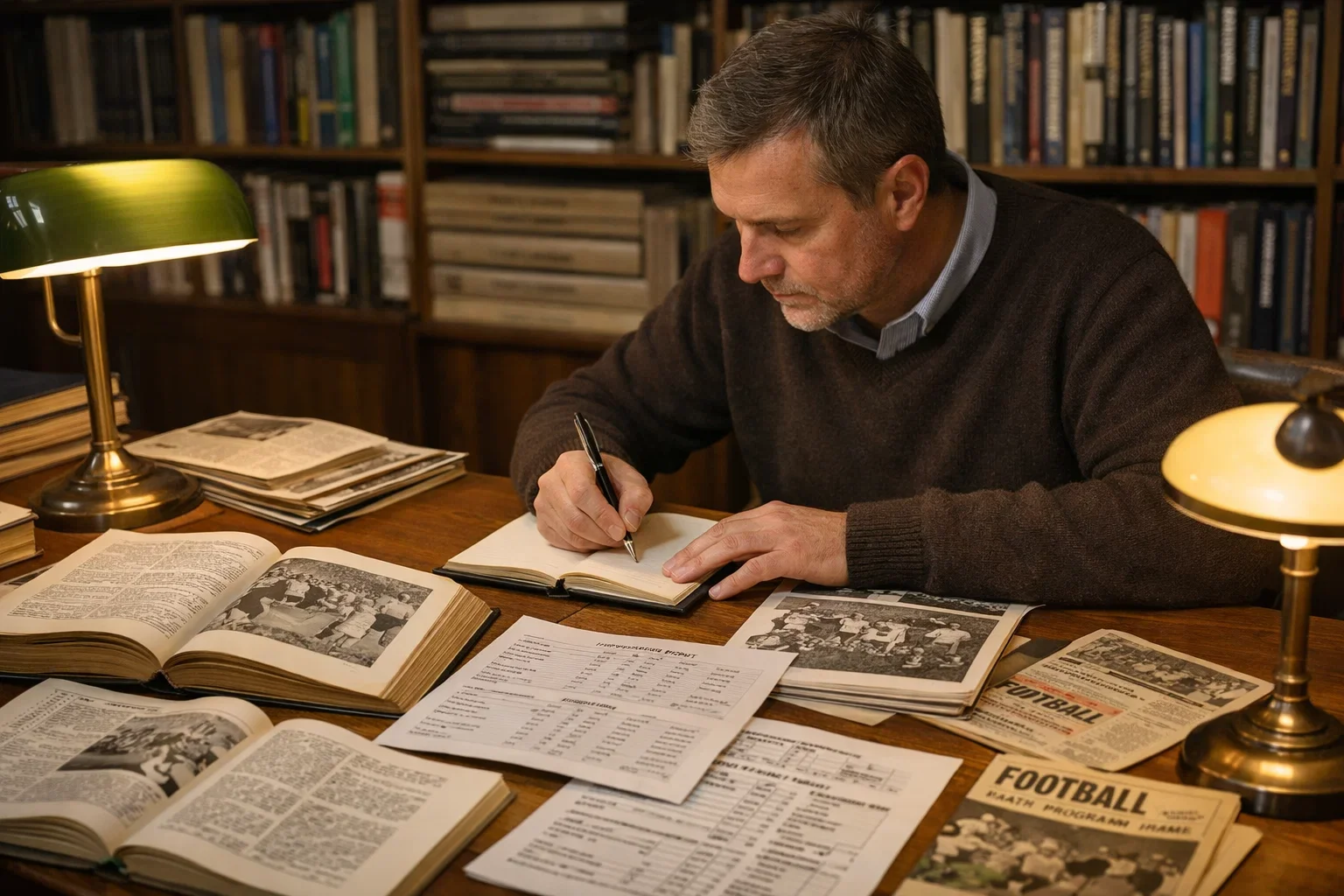 Person reviewing historical football match records and statistics in books and documents at a library desk