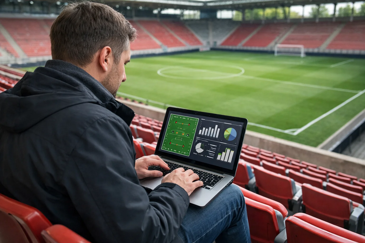 Football analyst reviewing tactical data on a laptop with stadium seating visible in the background