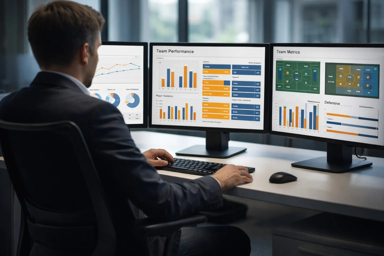 Sports analyst reviewing football match statistics and performance data on multiple screens