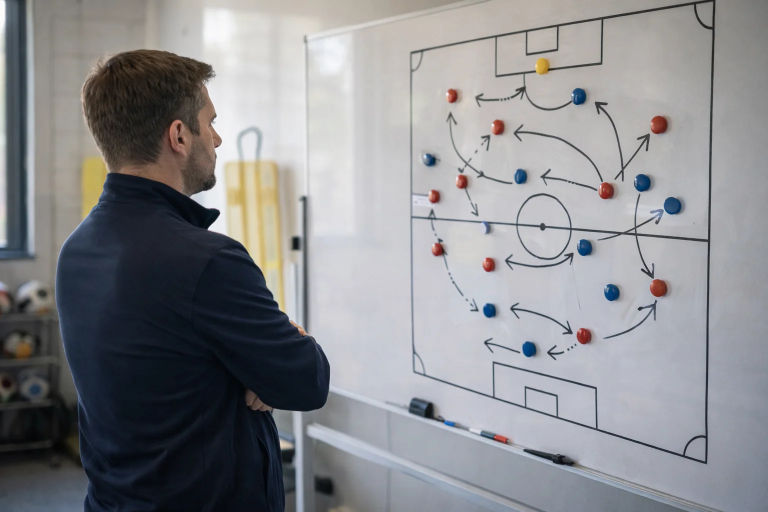Football manager studying tactical formations on a whiteboard with player positions and movement arrows