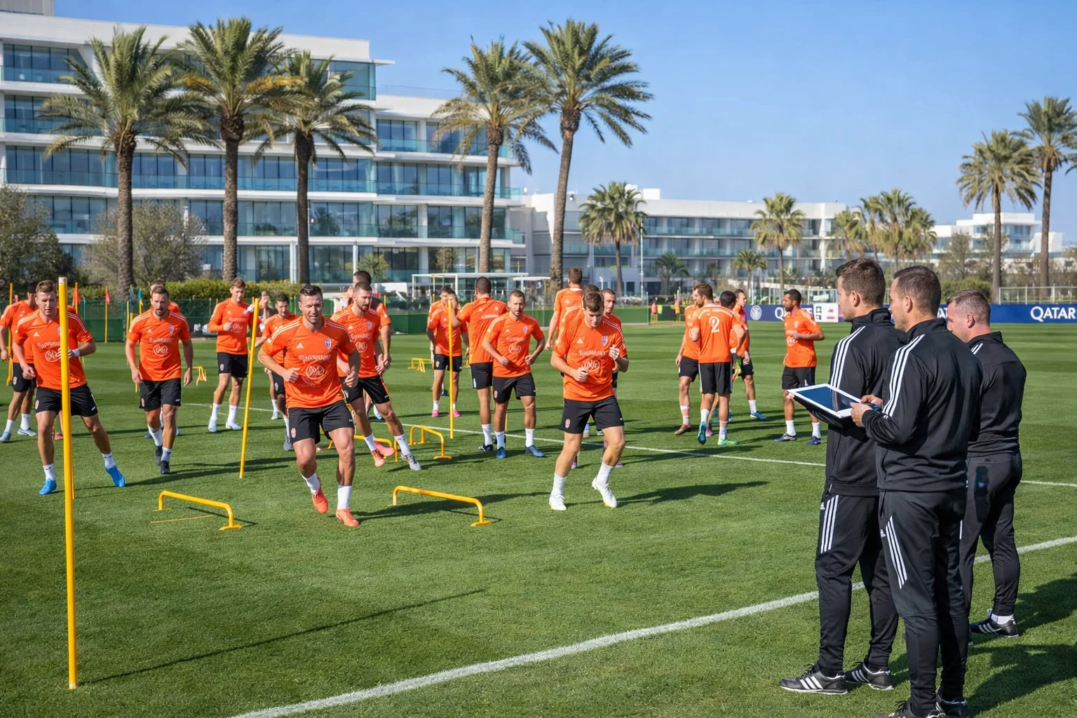 Football team conducting training session at a warm weather training camp facility during winter preparation
