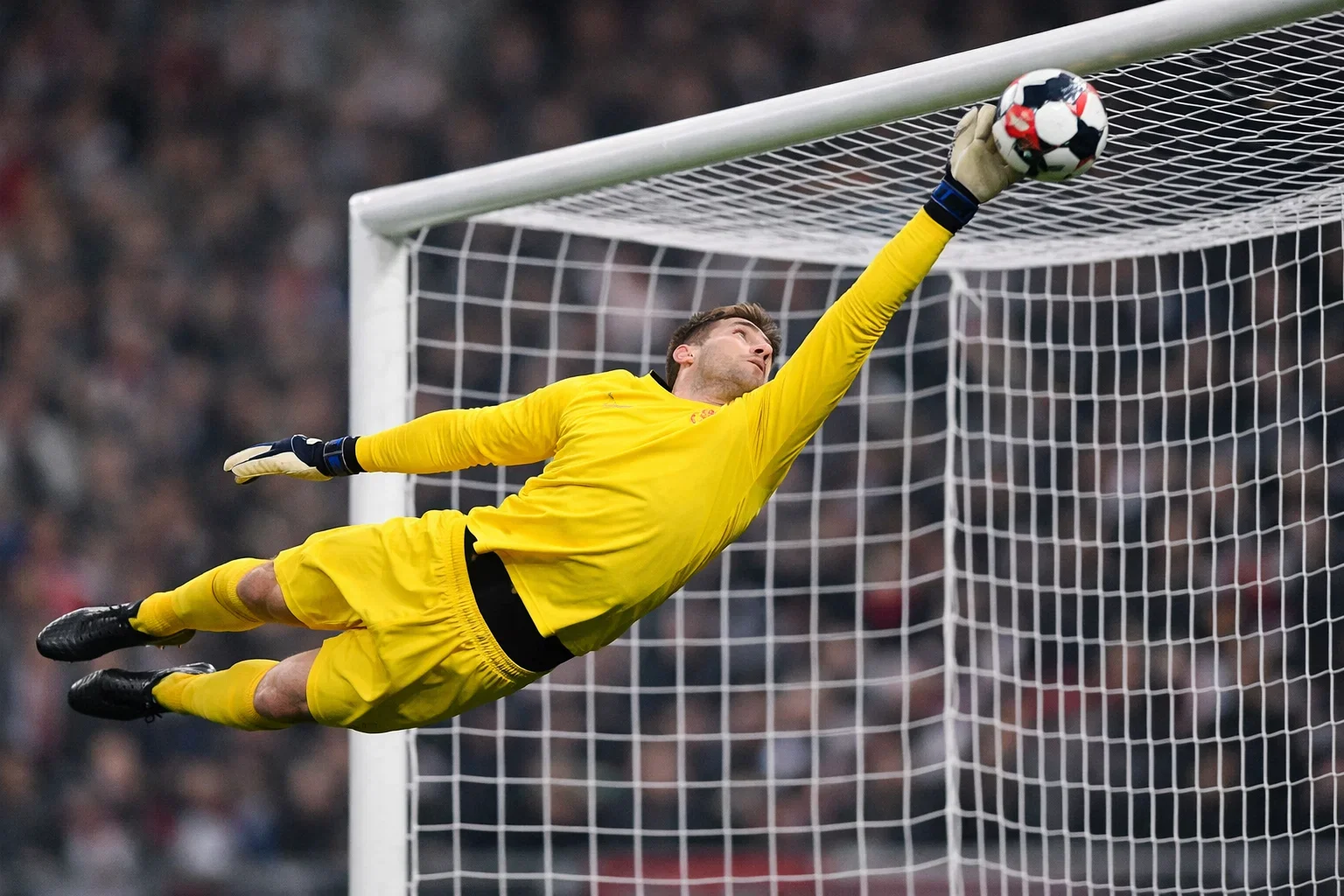 Goalkeeper diving to make a save during a Bundesliga match with the goal and net visible