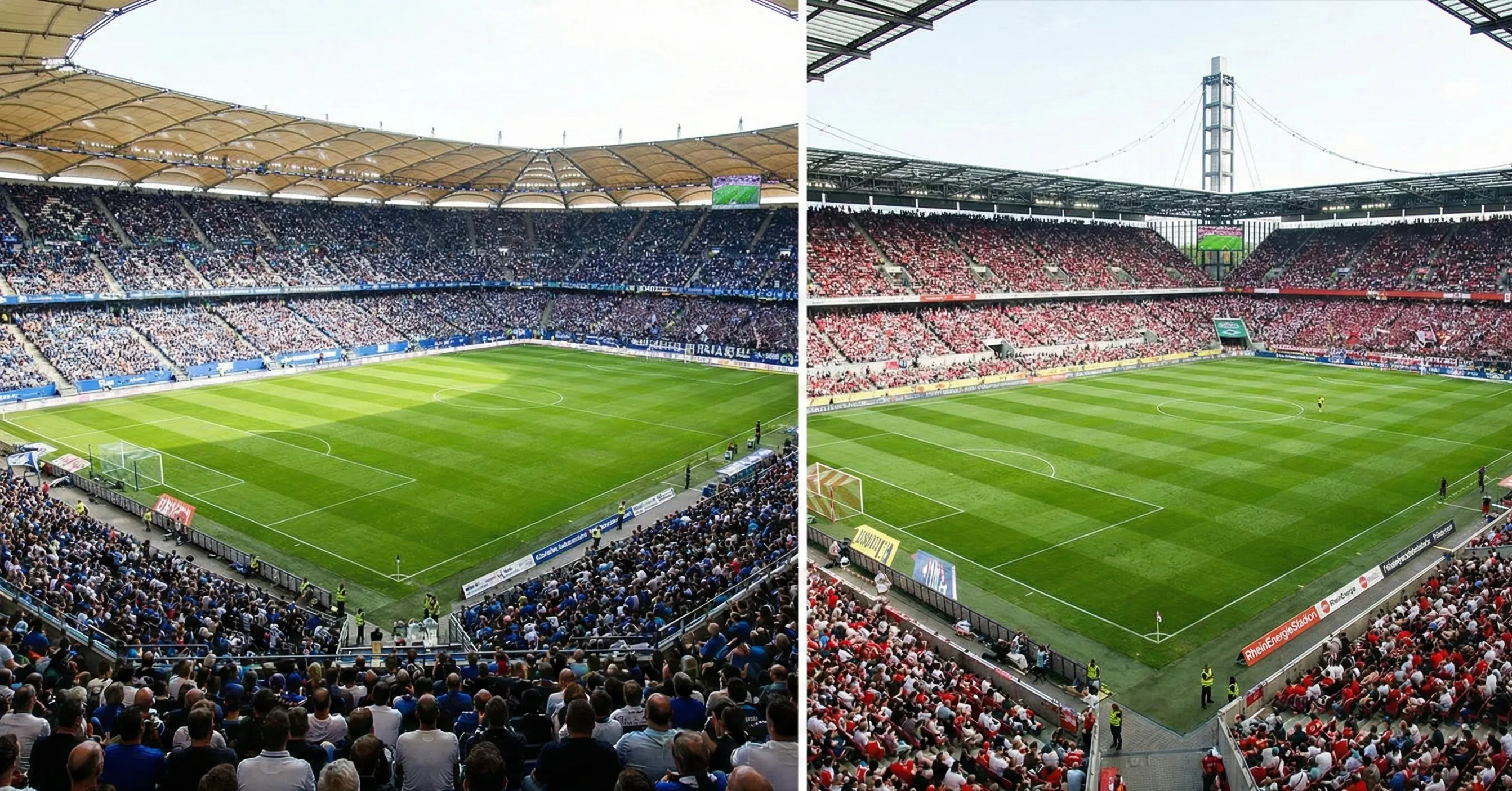 Split view of Volksparkstadion and RheinEnergieStadion football stadiums with passionate fans