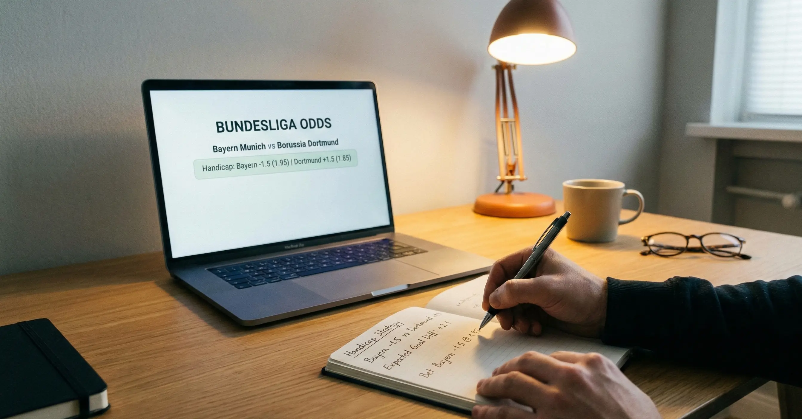 Person planning betting strategy with notepad showing handicap calculations