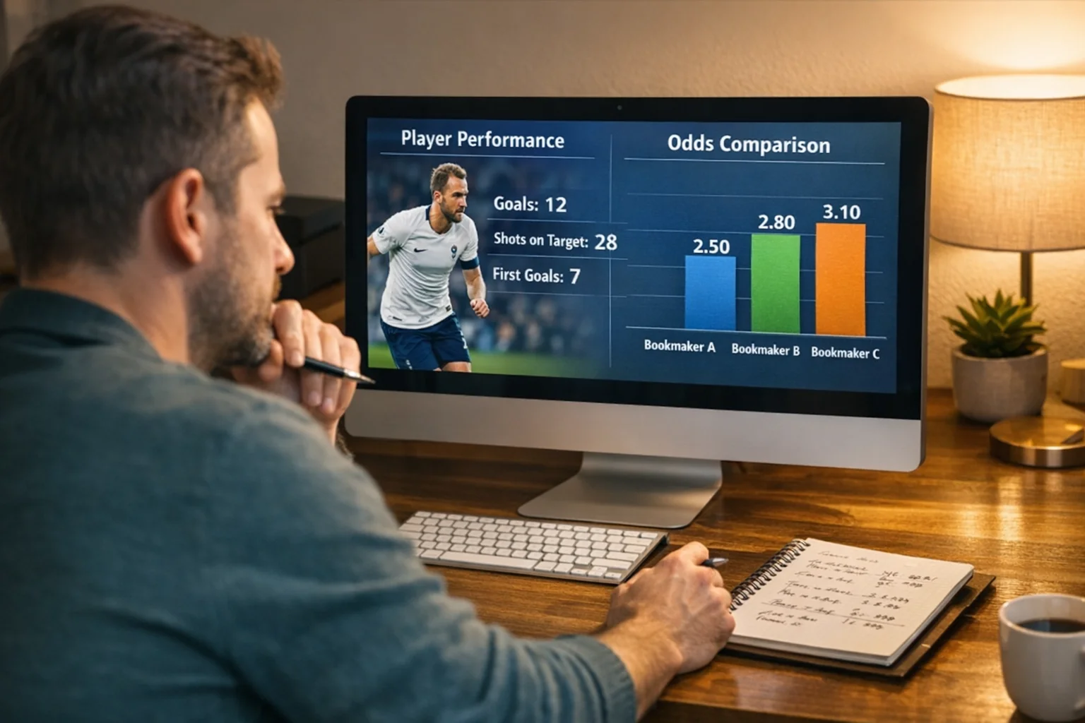 Person analyzing striker goalscoring statistics and betting odds on computer screen