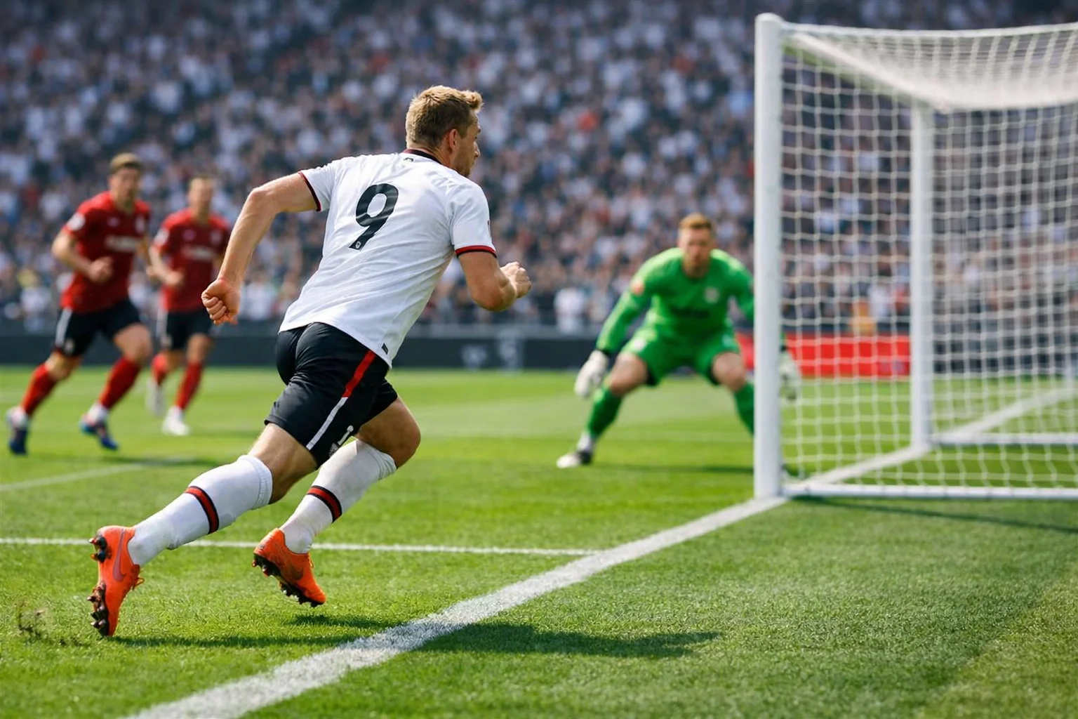 Football striker making early attacking run toward goal in stadium setting