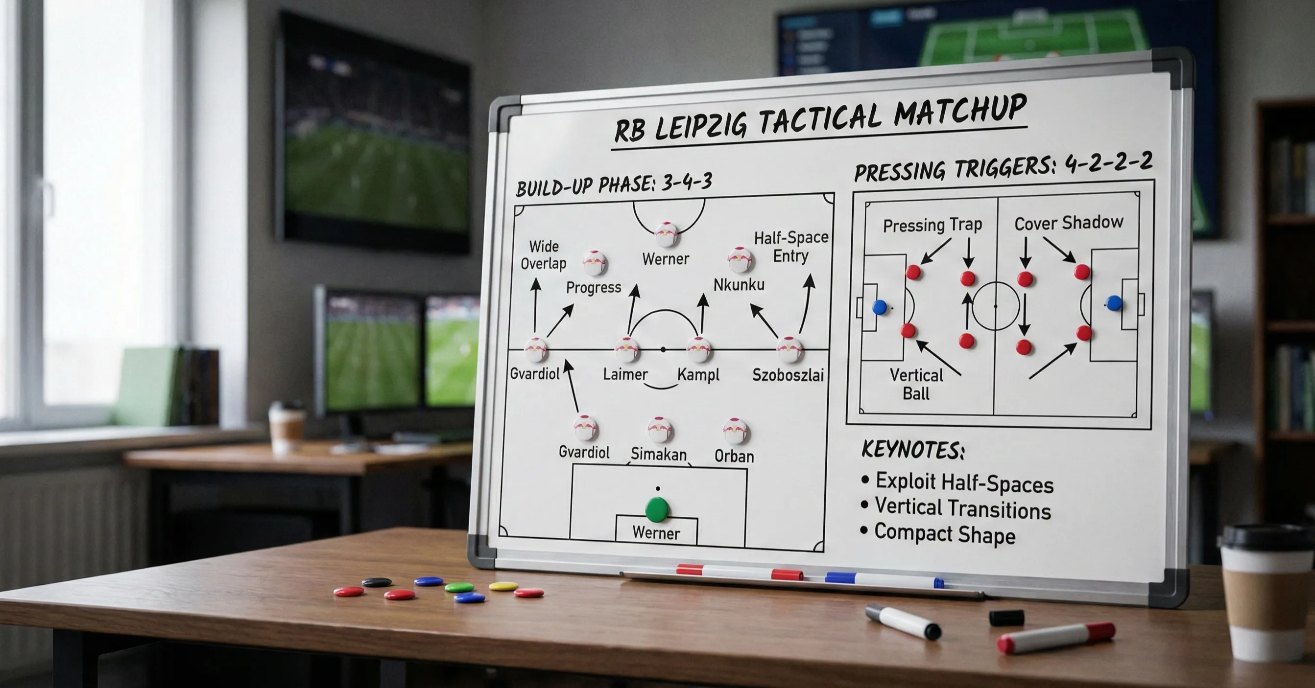 Football tactical board showing team formations and player positions for match analysis