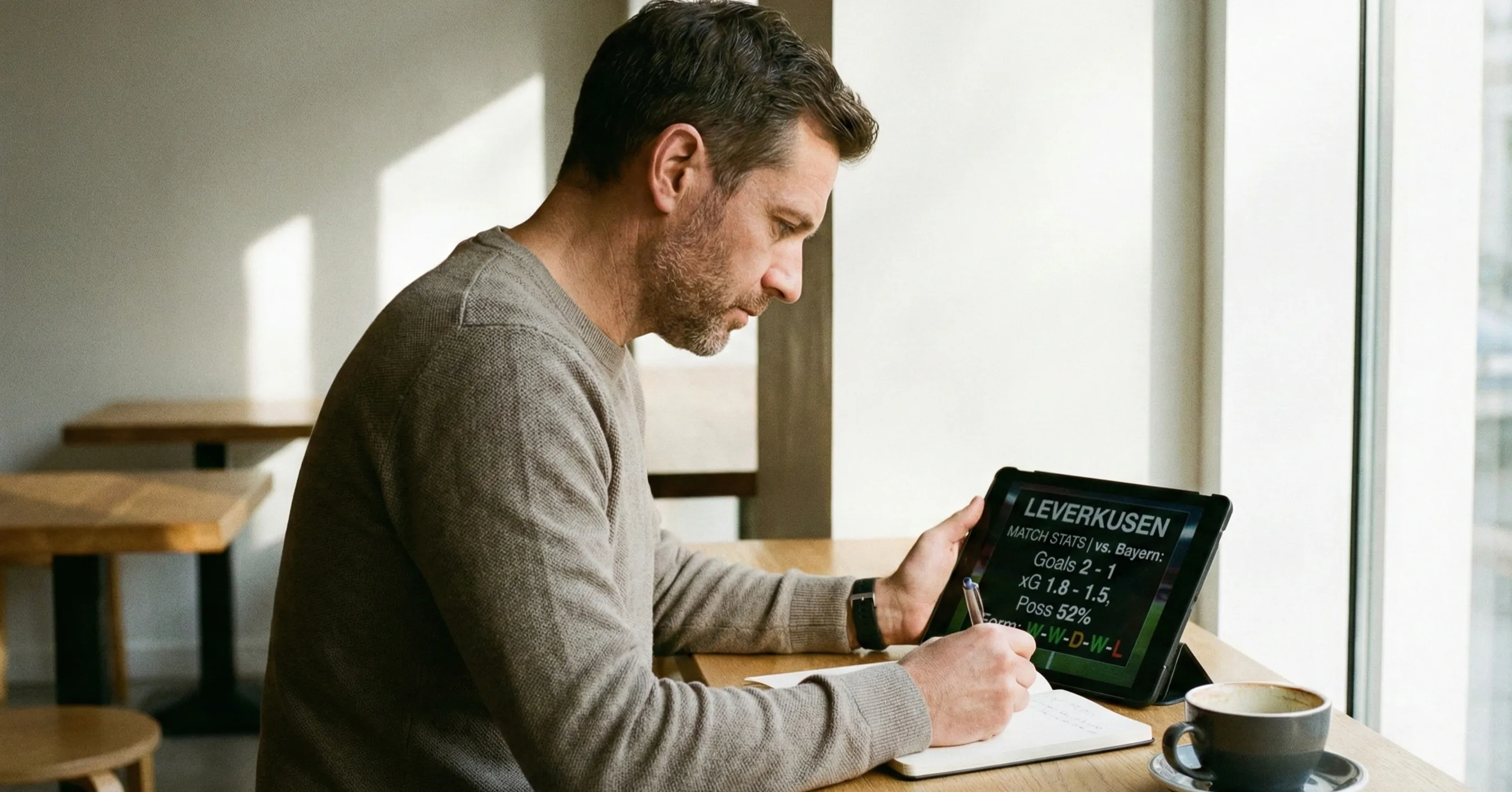 Person reviewing football match statistics on tablet device with notepad nearby