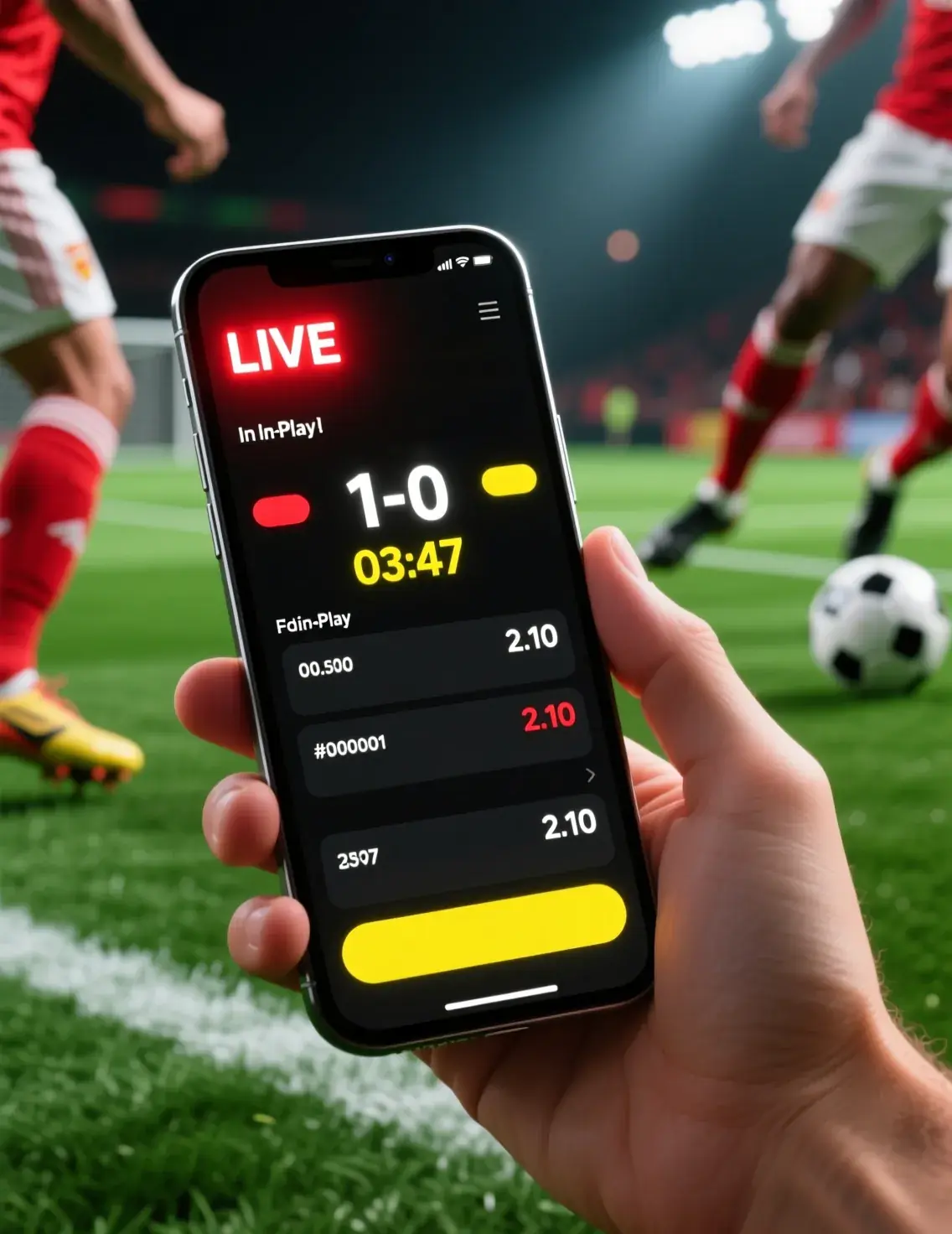 Smartphone showing live betting app interface with changing odds, match action in background, live score 1-0, countdown timer, and pulsing red LIVE indicator