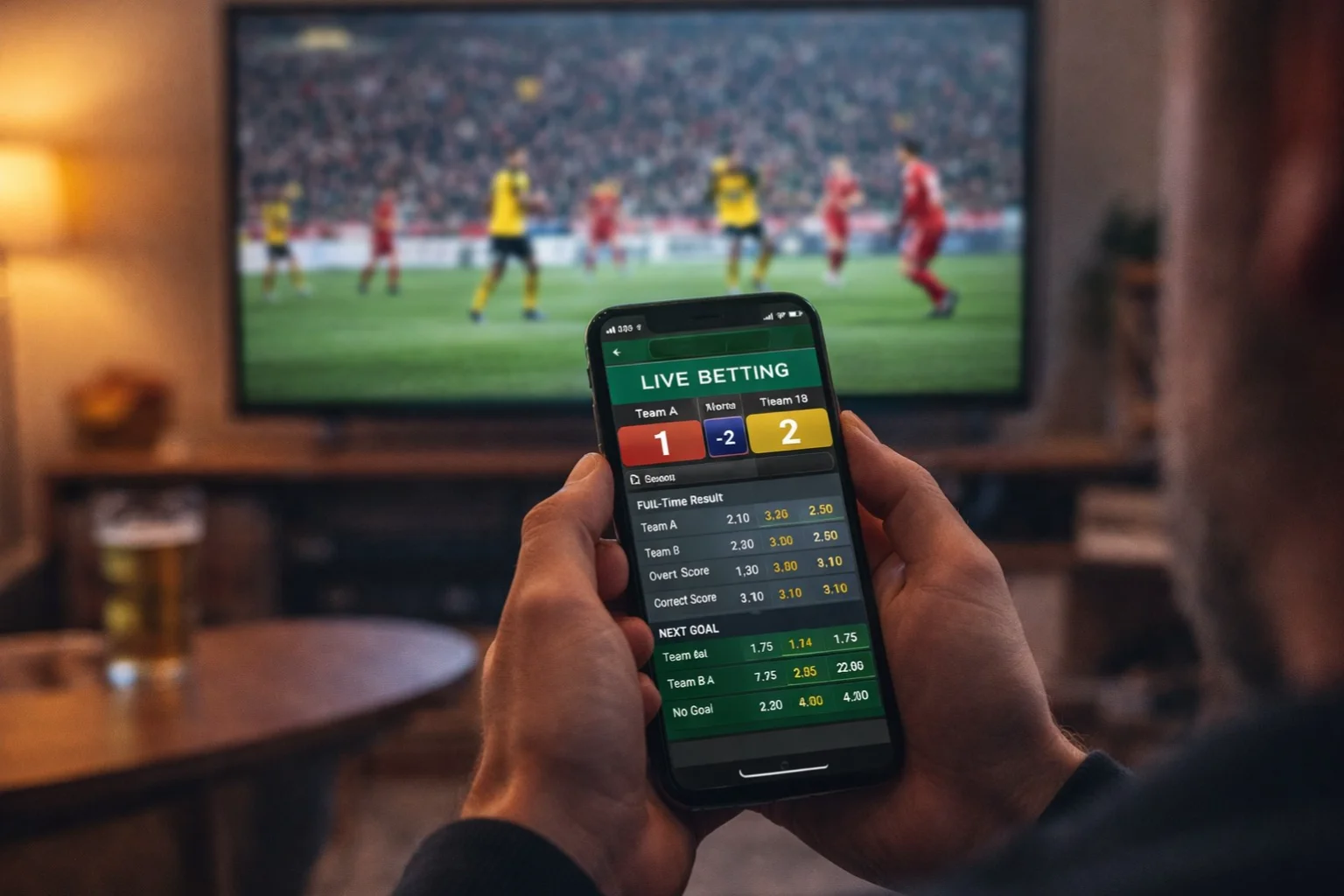 Person watching football match on screen while placing live bets on mobile device