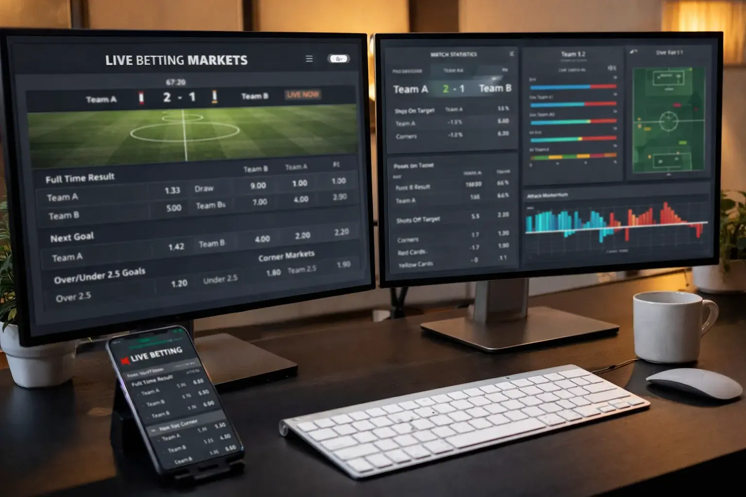 Multiple screens showing live football betting markets and match statistics