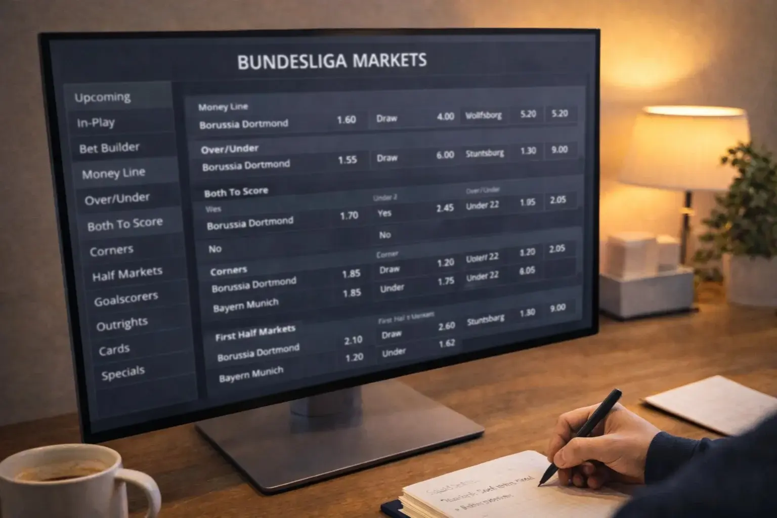 Betting platform interface showing extensive Bundesliga market options and bet types