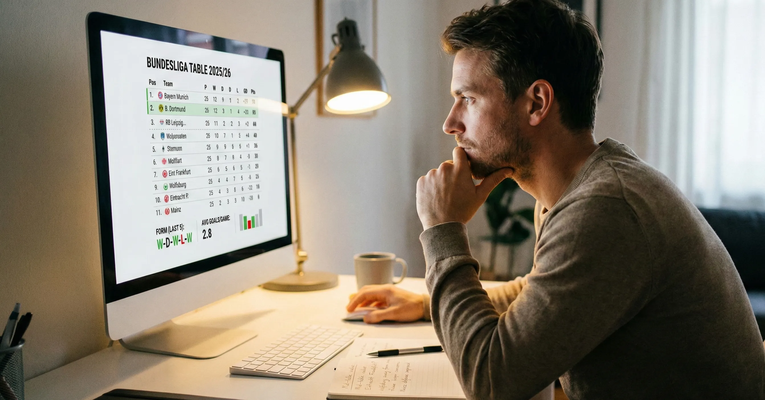 Person studying Bundesliga league table and team statistics on computer screen