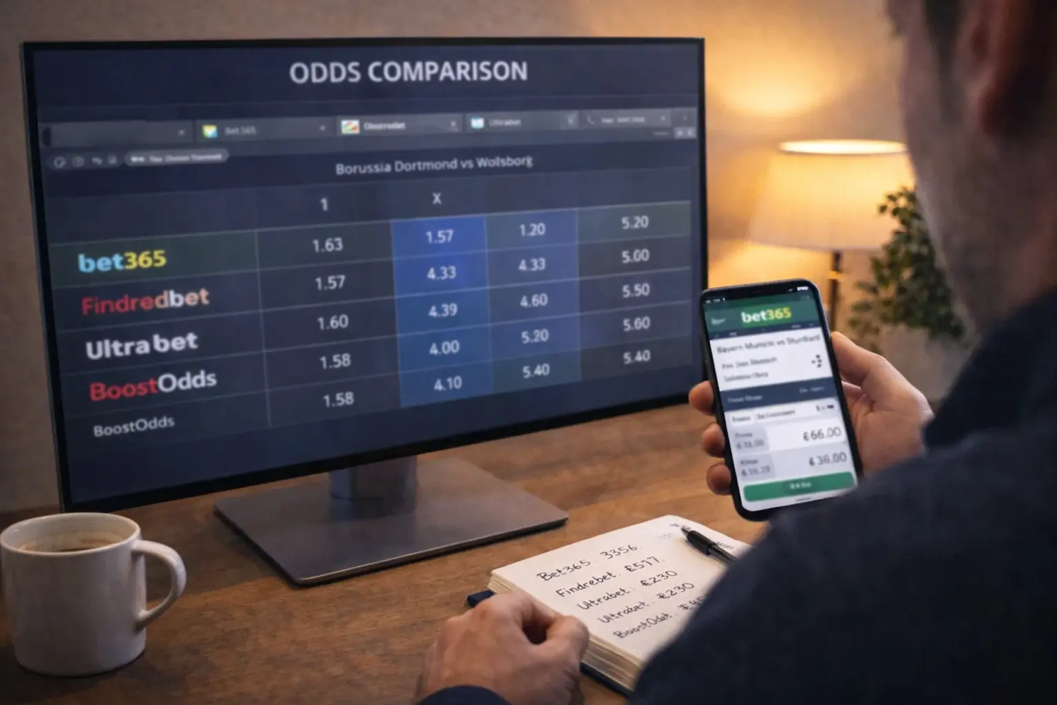 Person managing multiple betting accounts on computer with odds comparison visible