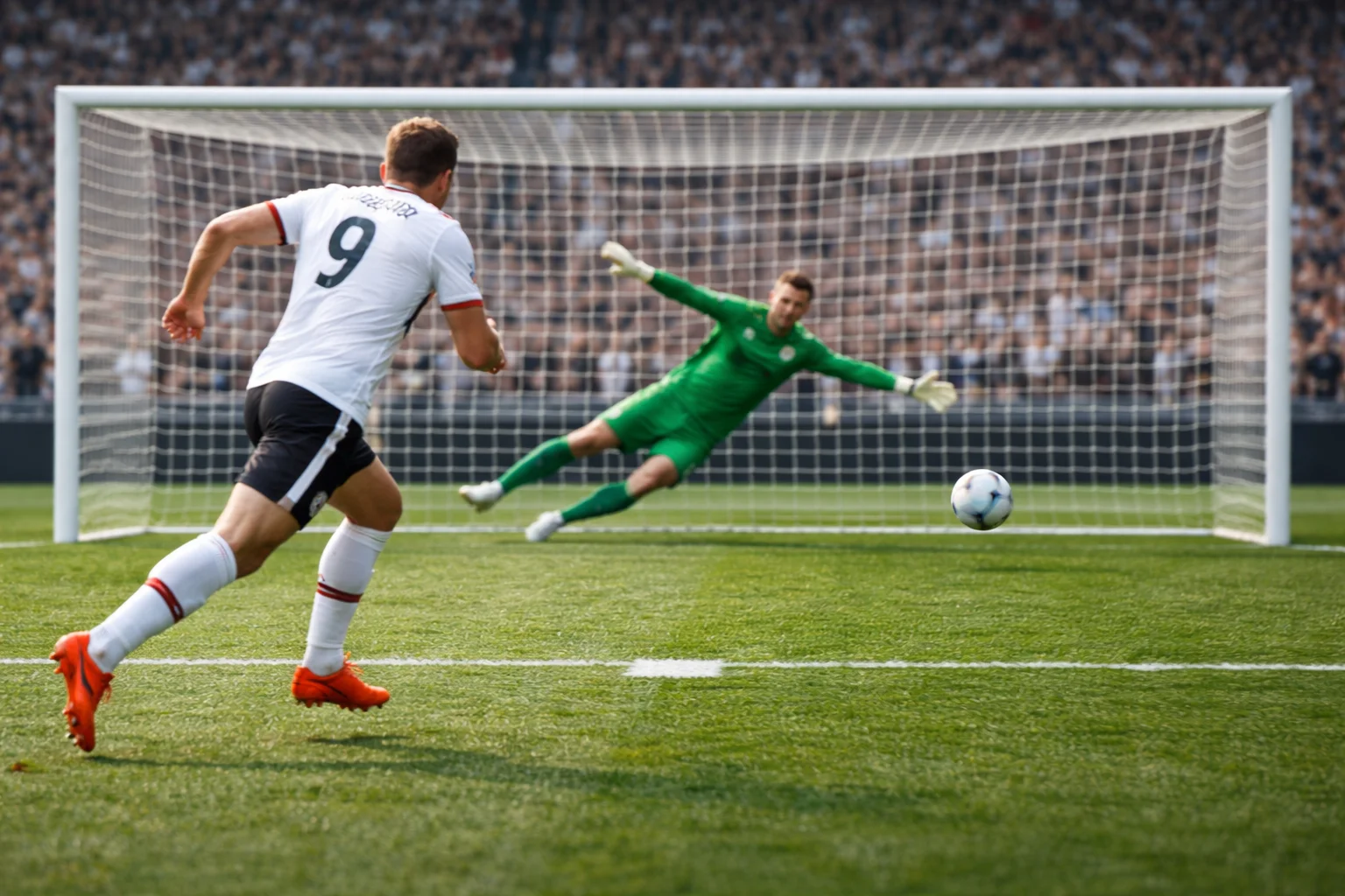 Football player striking penalty kick toward goal with goalkeeper diving