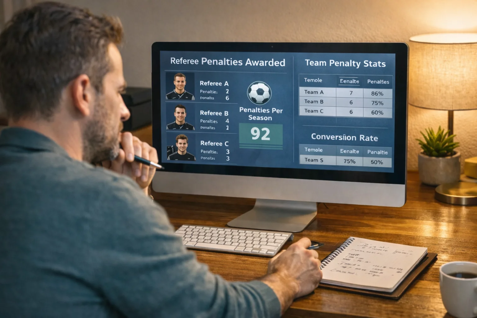 Person researching penalty statistics and referee tendencies on computer