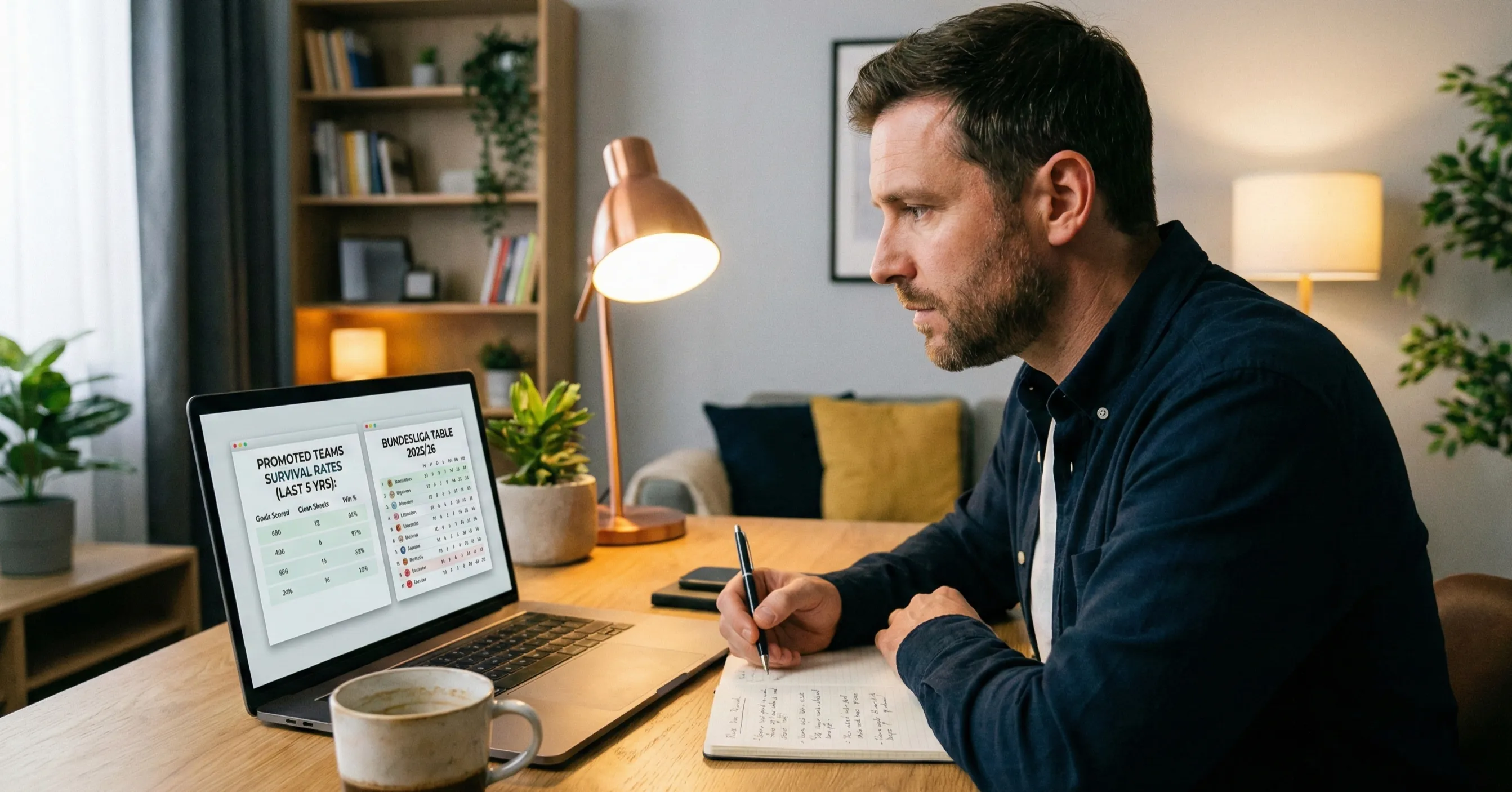 Person analyzing promoted team statistics and survival rates on laptop computer