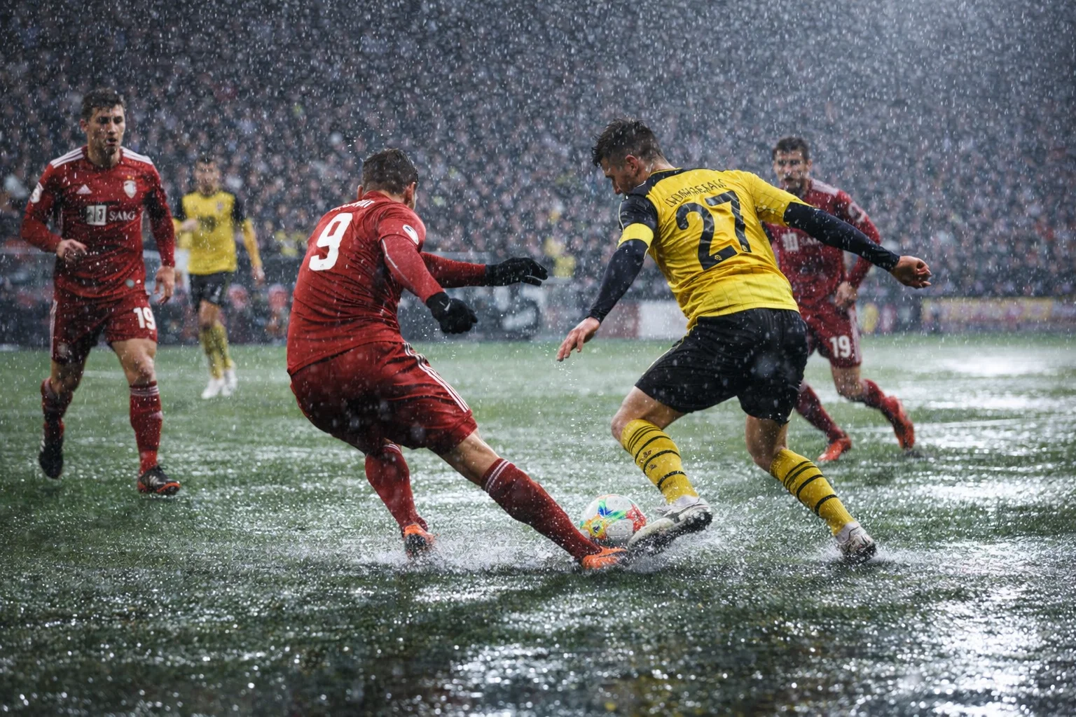 Football match continuing in heavy rain with wet pitch conditions