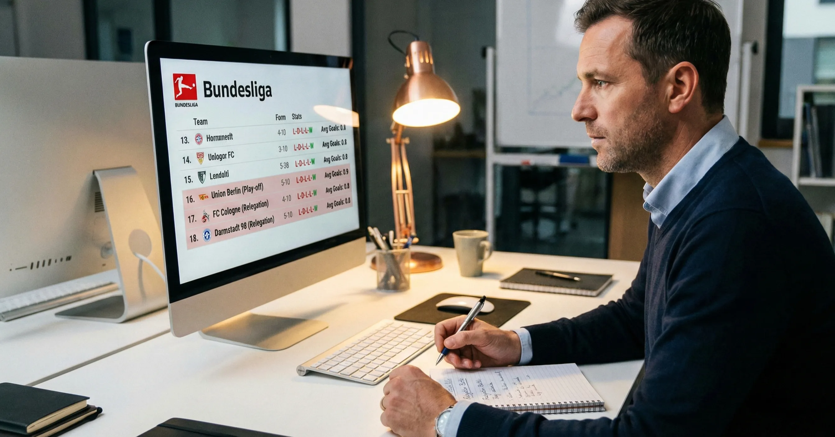 Sports analyst studying Bundesliga relegation standings and team data on screen