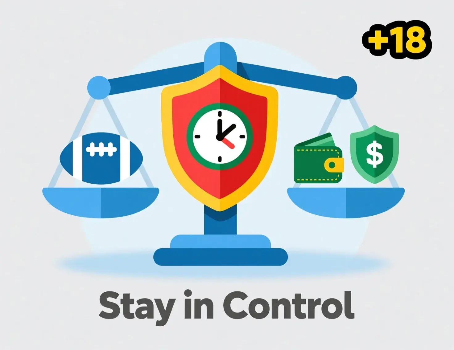 Balanced scales illustration showing football entertainment on one side and responsible limits on other, with clock for time limits, wallet with budget symbol, and protection shield, featuring +18 age indicator