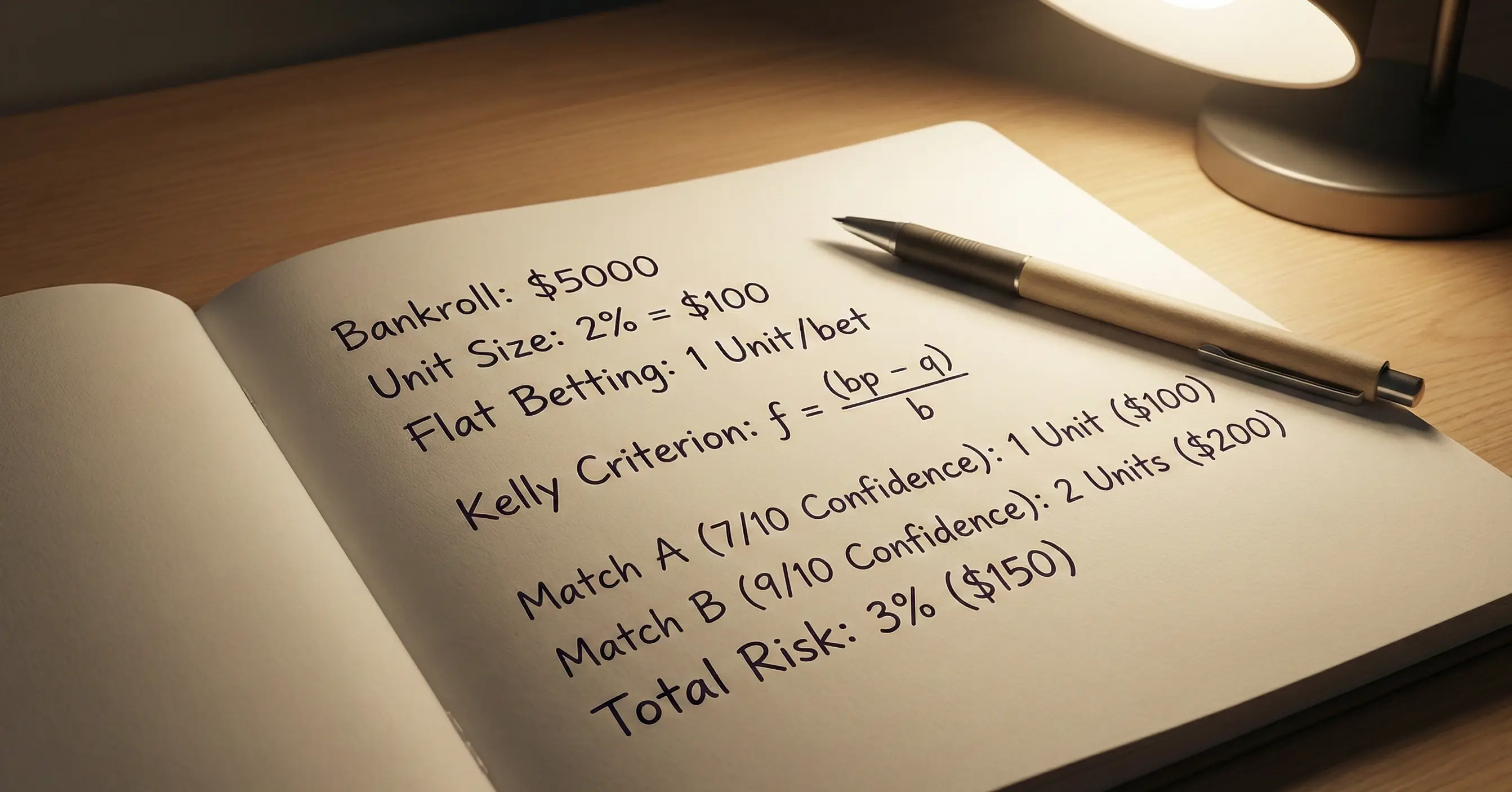 Notebook showing stake calculations with betting percentages and bankroll tracking