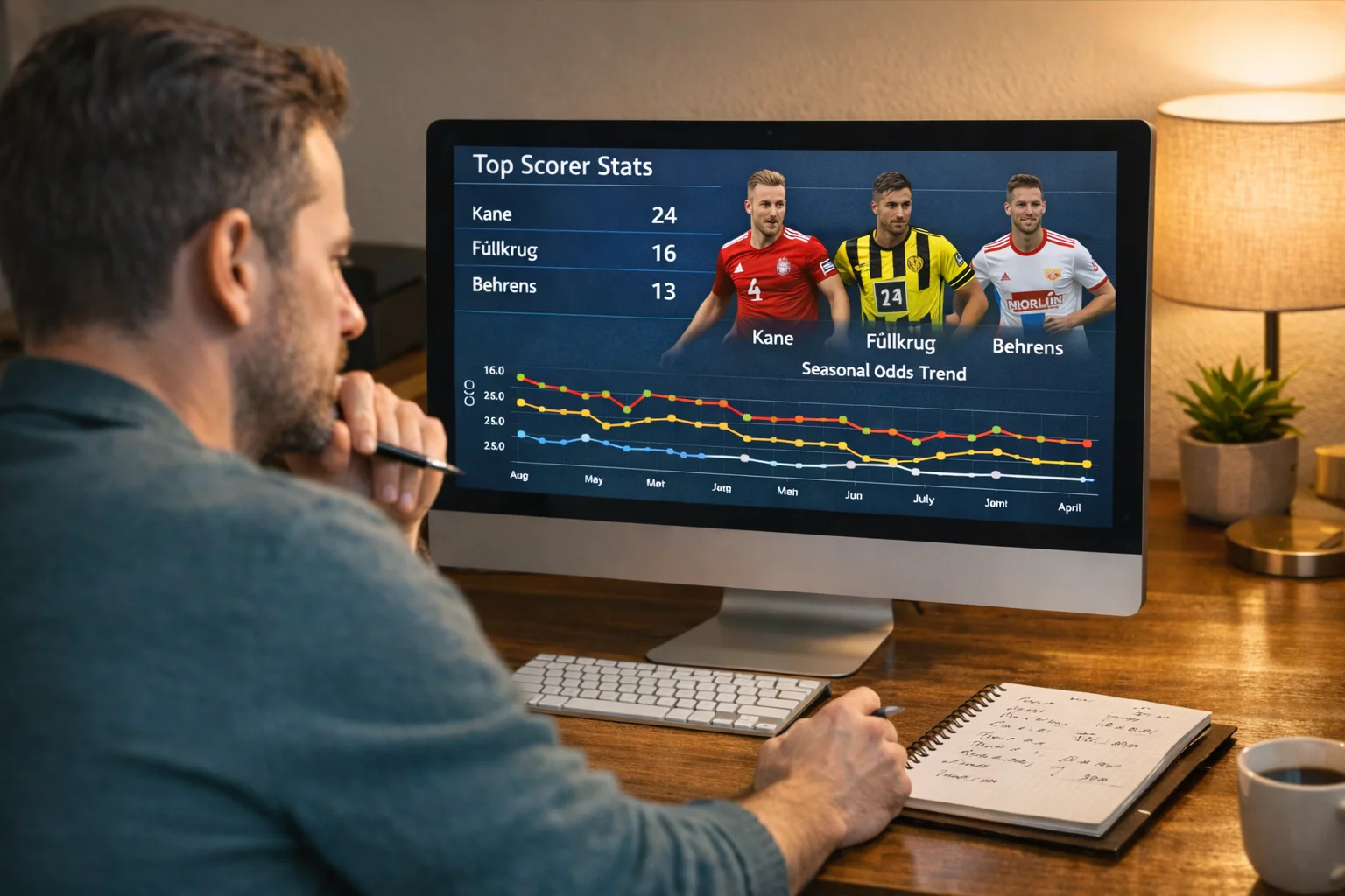 Person analyzing season-long goalscorer statistics and odds on computer