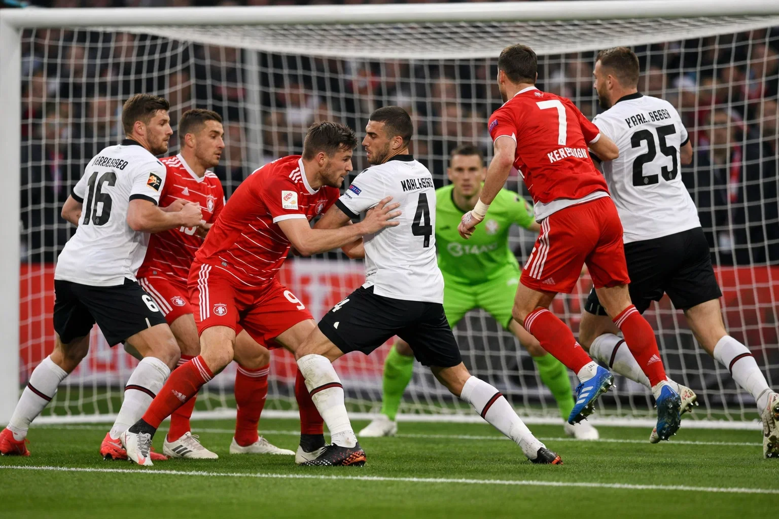 Multiple Bundesliga strikers in action competing for goalscoring positions